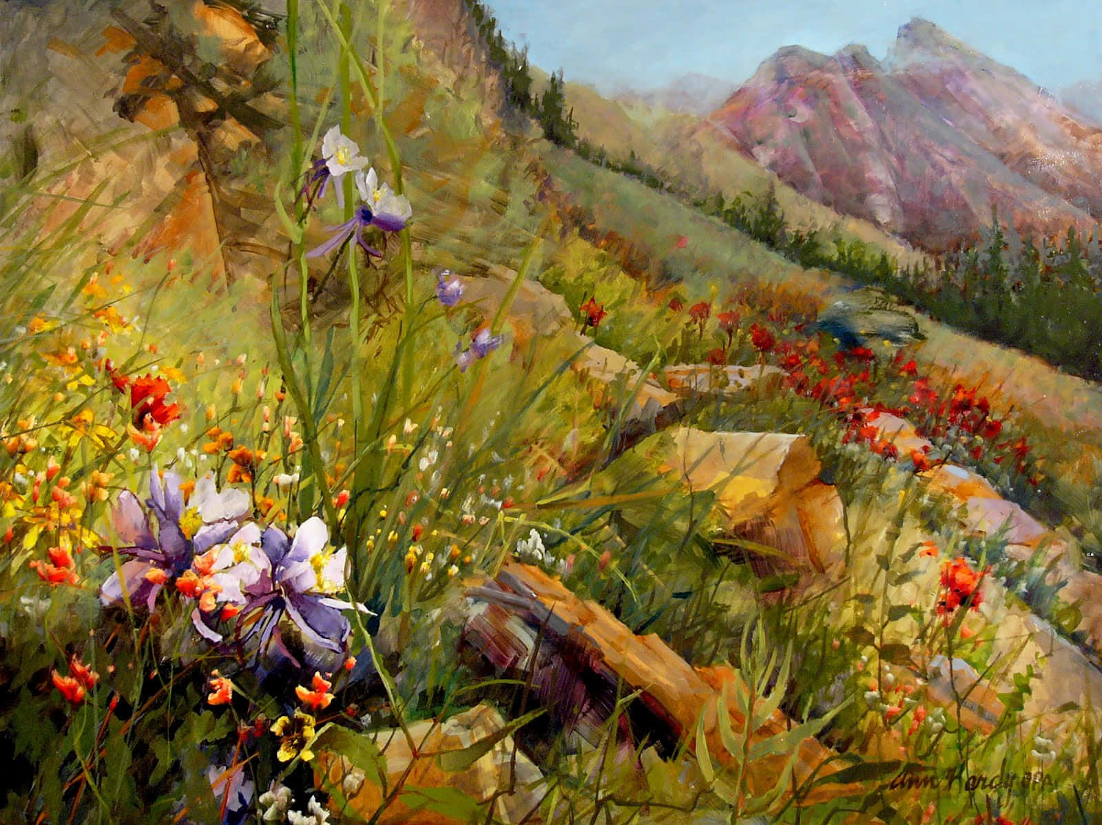 Fine Arts, wildflowers, sunlit rocks, HD Desktop Wallpaper