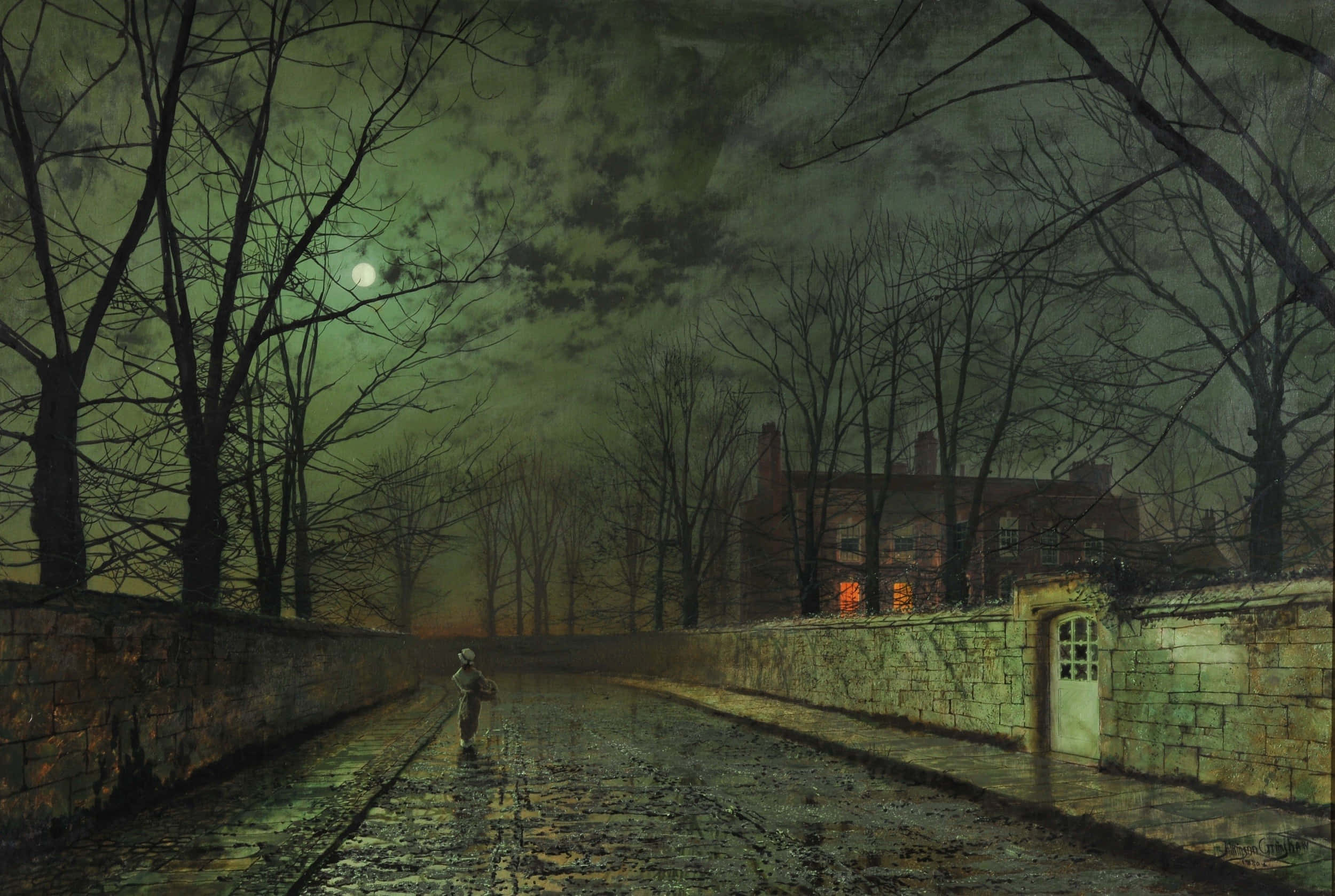 Fine Arts, moonlit cobblestone path, bare trees, Full HD Desktop Wallpaper