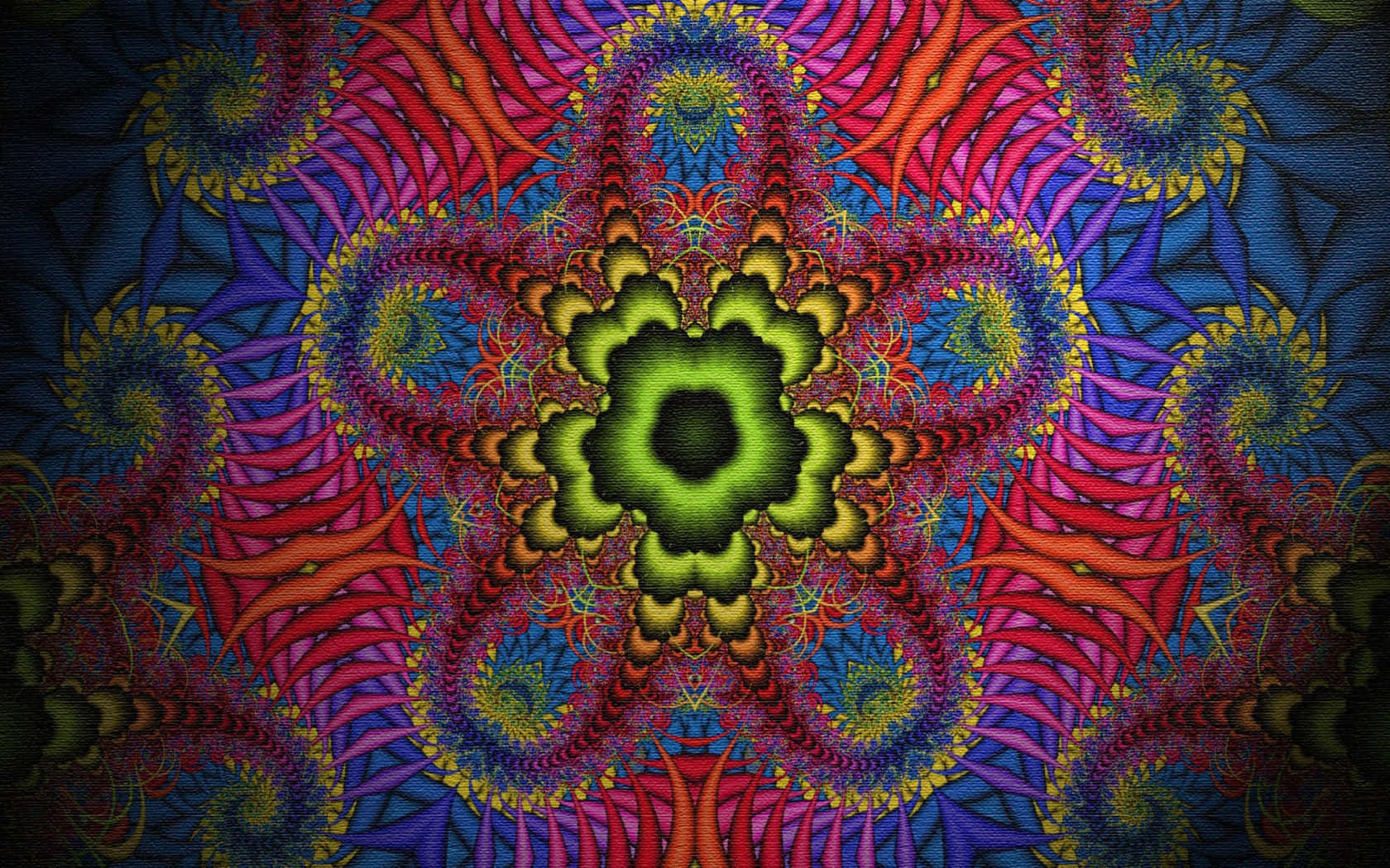 fractal mandala, glowing green center, symmetrical petals, HD Desktop Wallpaper