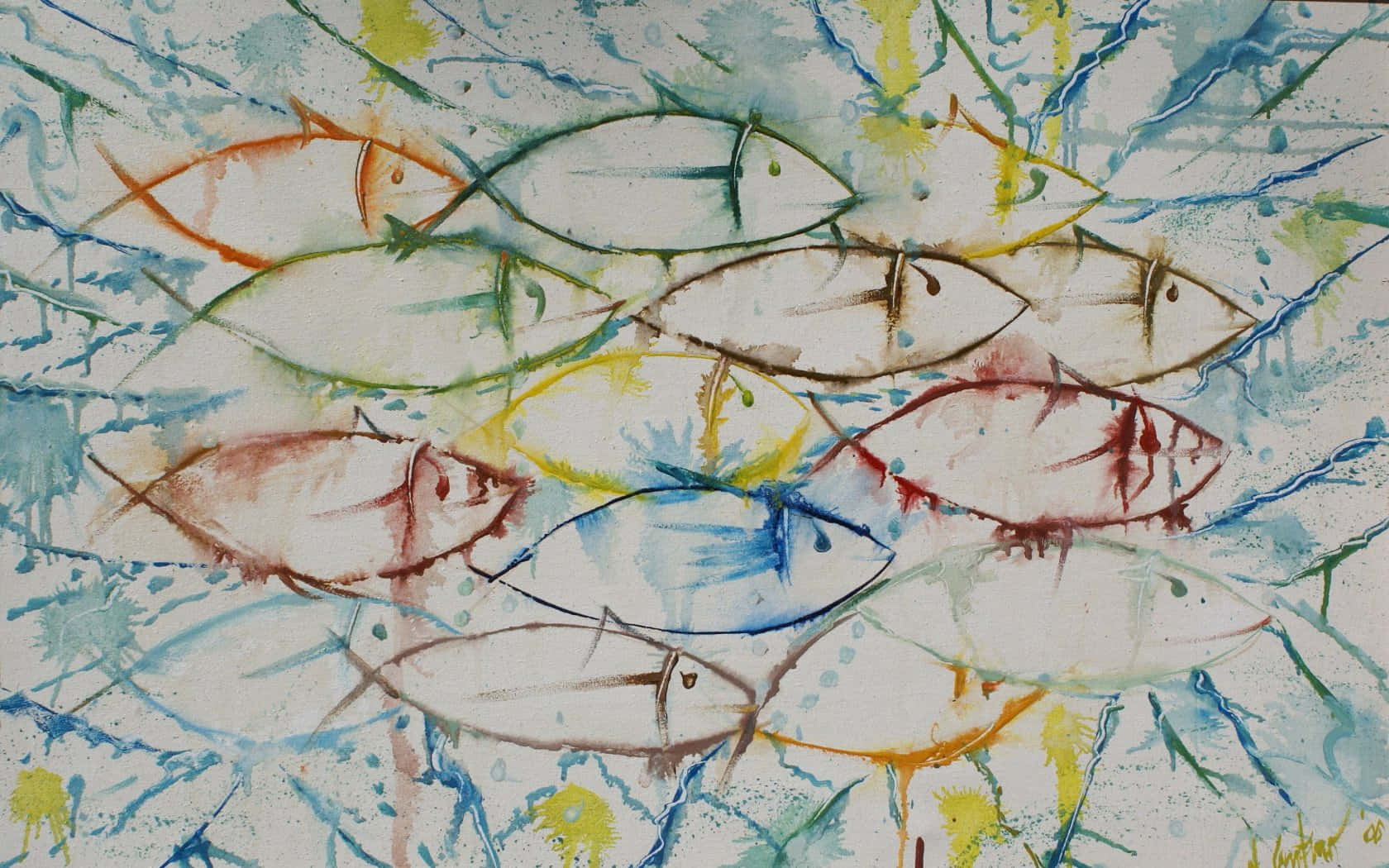 Modern Masterpiece, abstract watercolor painting, stylized fish, HD Desktop Wallpaper