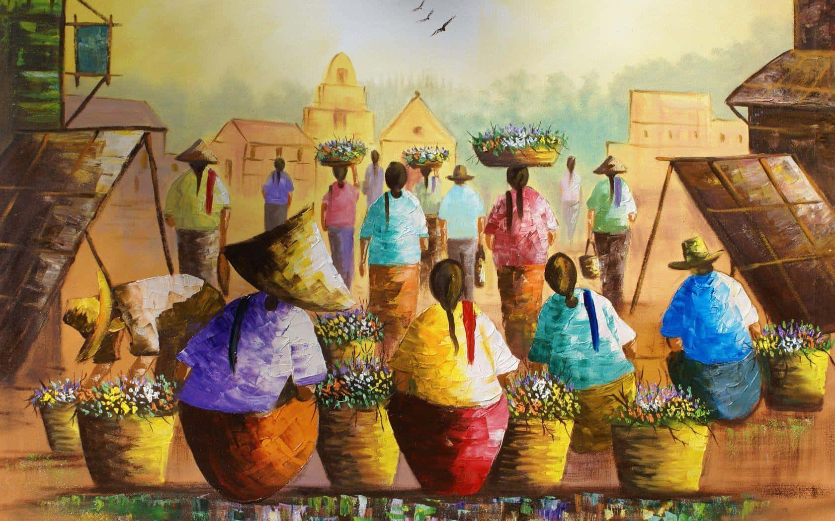 oil painting, market vendors, colorful conical hats, HD Desktop Wallpaper