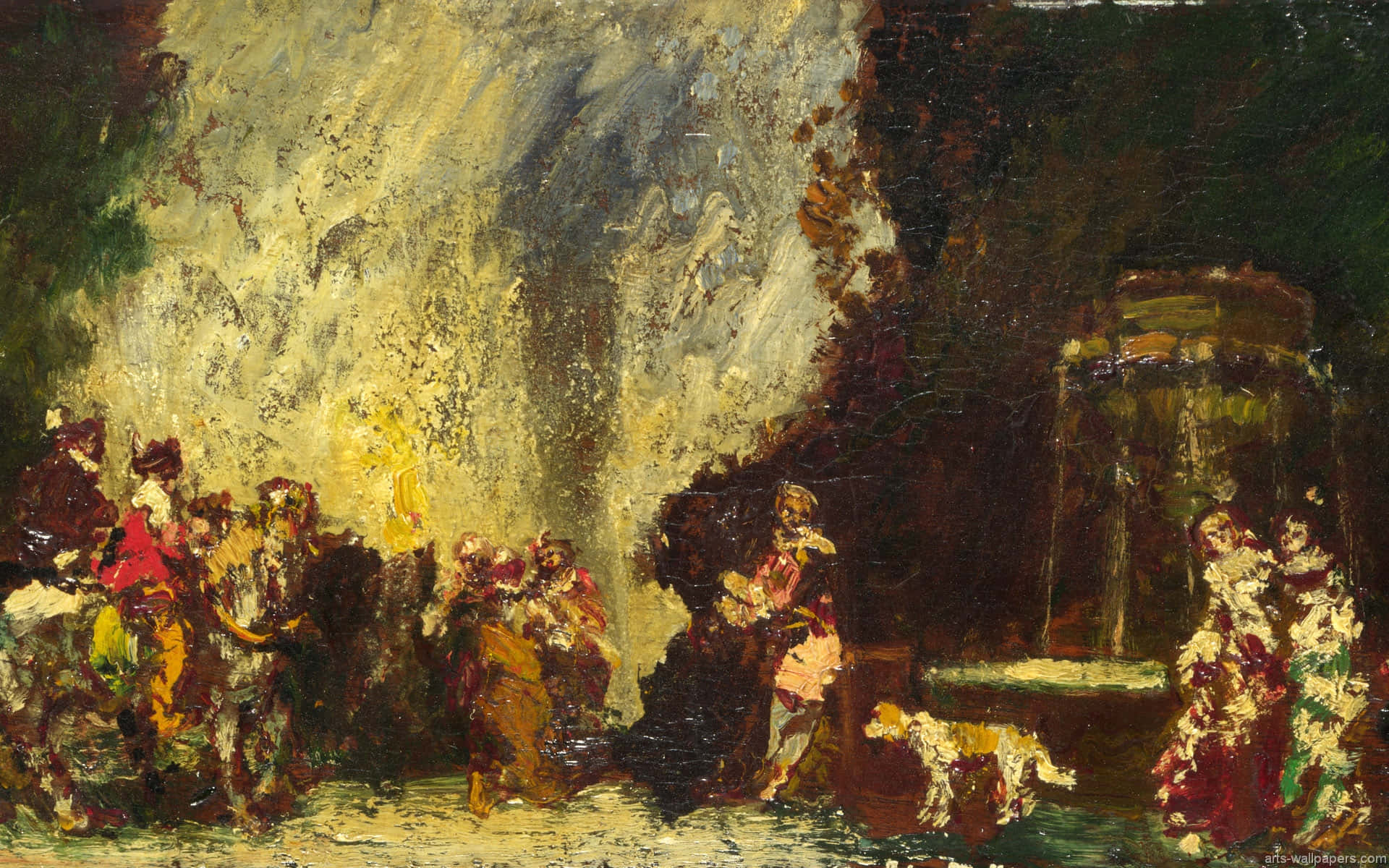 oil painting, lively gathering of figures, dimly lit cave, Full HD Desktop Wallpaper