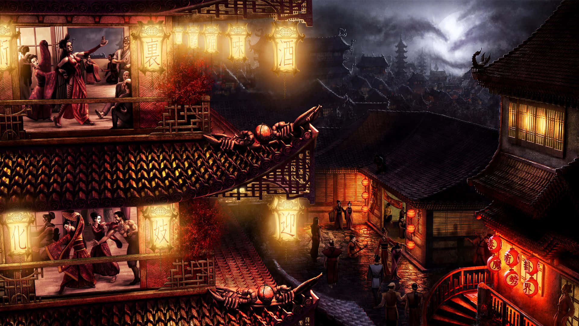 fine arts, traditional Chinese town, glowing lanterns, Full HD Desktop Wallpaper