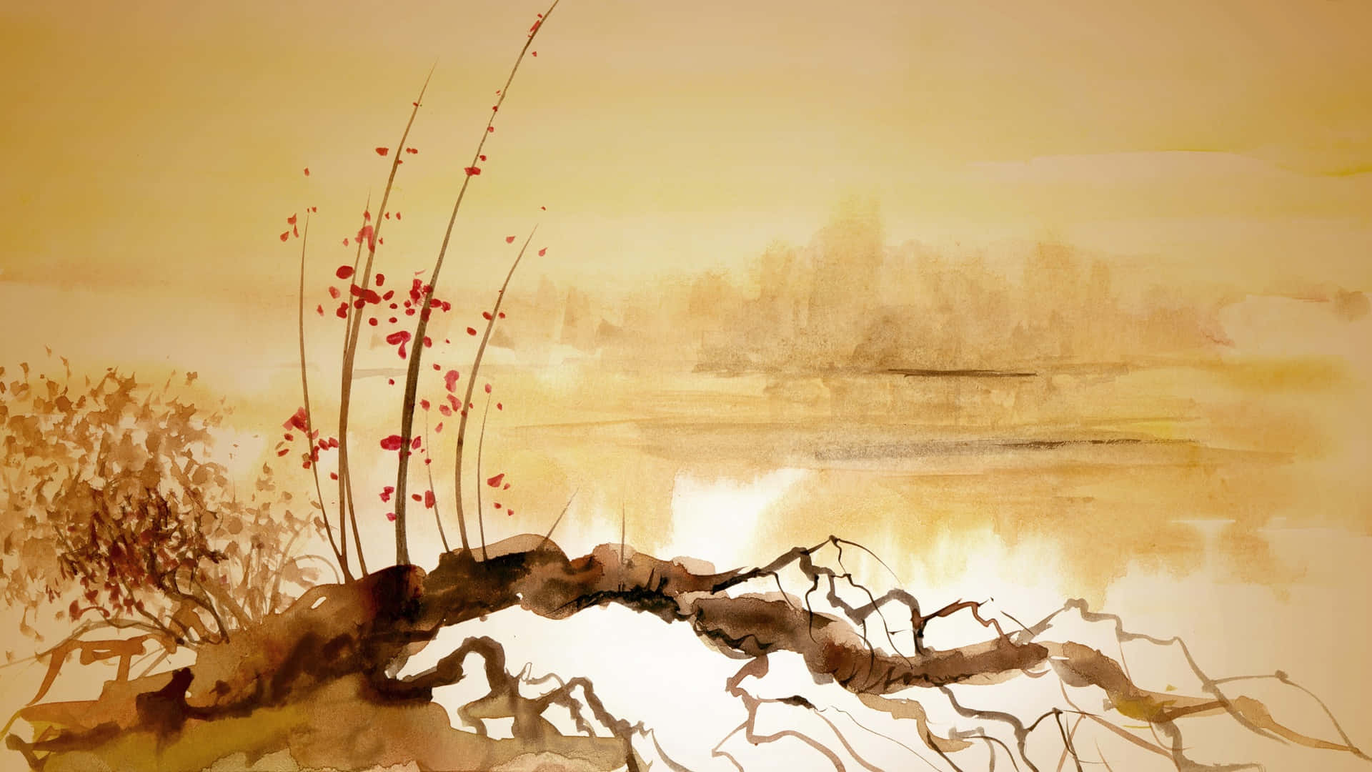 Abstract Art Piece, watercolor painting, red flowering branches, Full HD Desktop Wallpaper