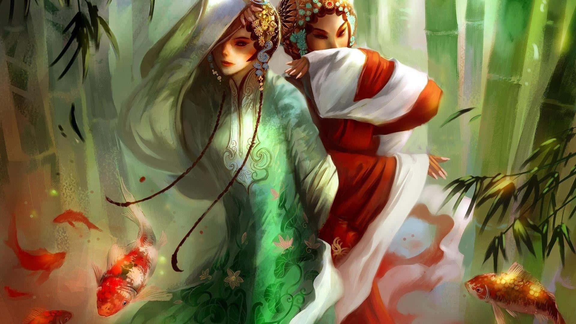 Fine Arts Painting, traditional dancers, flowing robes, Full HD Desktop Wallpaper