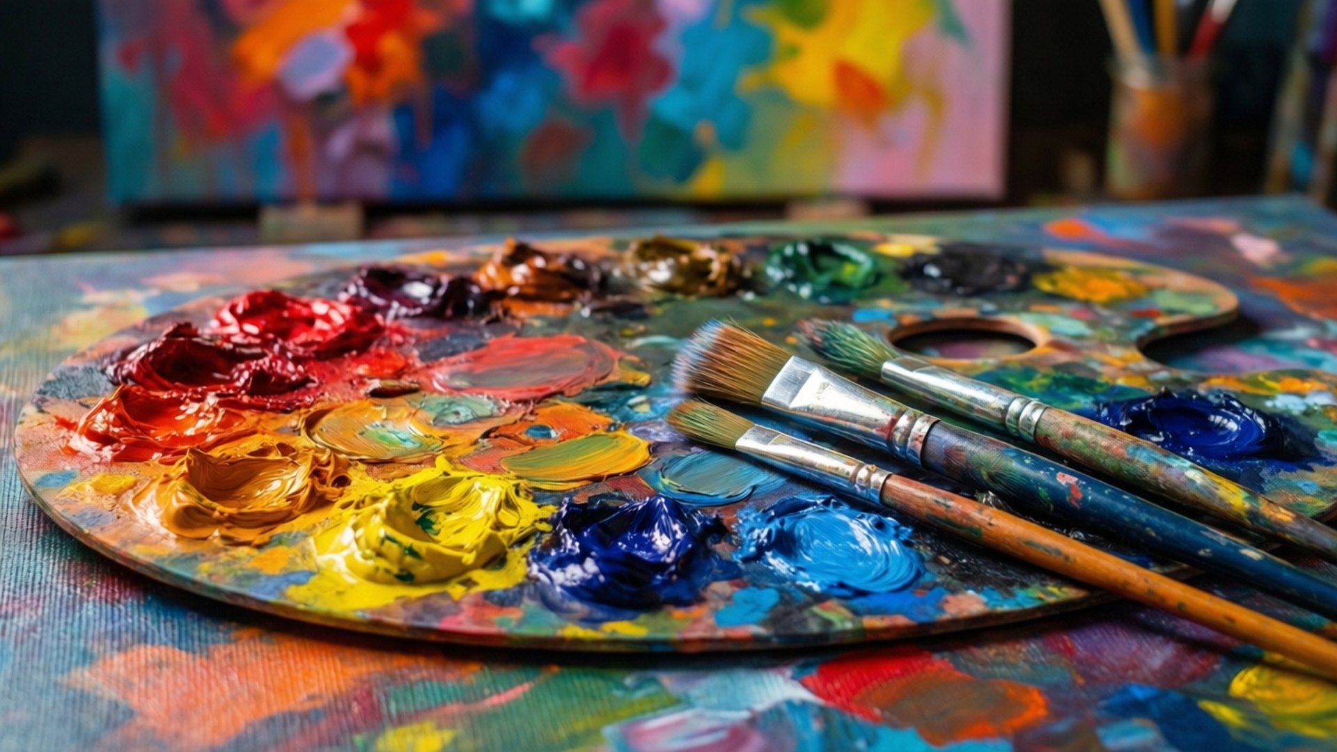 artist's palette, thick colorful paints, paint-splattered table, Full HD Desktop Wallpaper