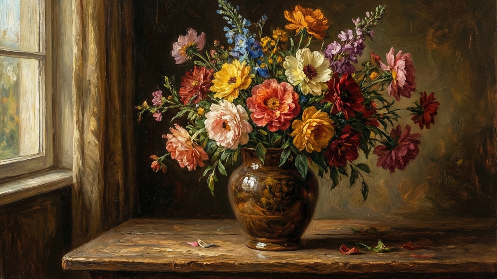 Still Life Elegance, floral bouquet, dark vase, Full HD Desktop Wallpaper