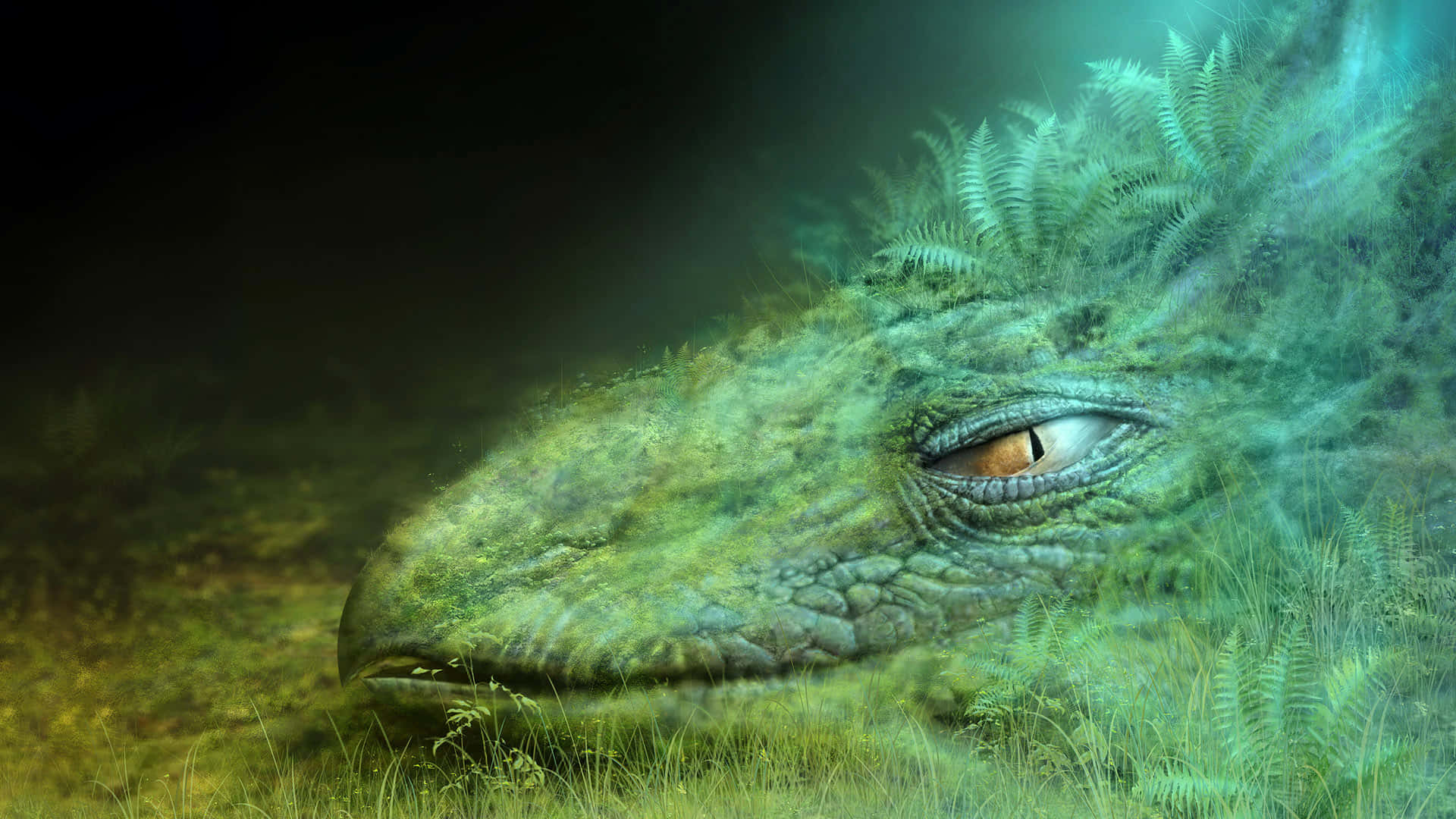 moss-covered dragon's head, glowing amber eyes, misty forest, Full HD Desktop Wallpaper