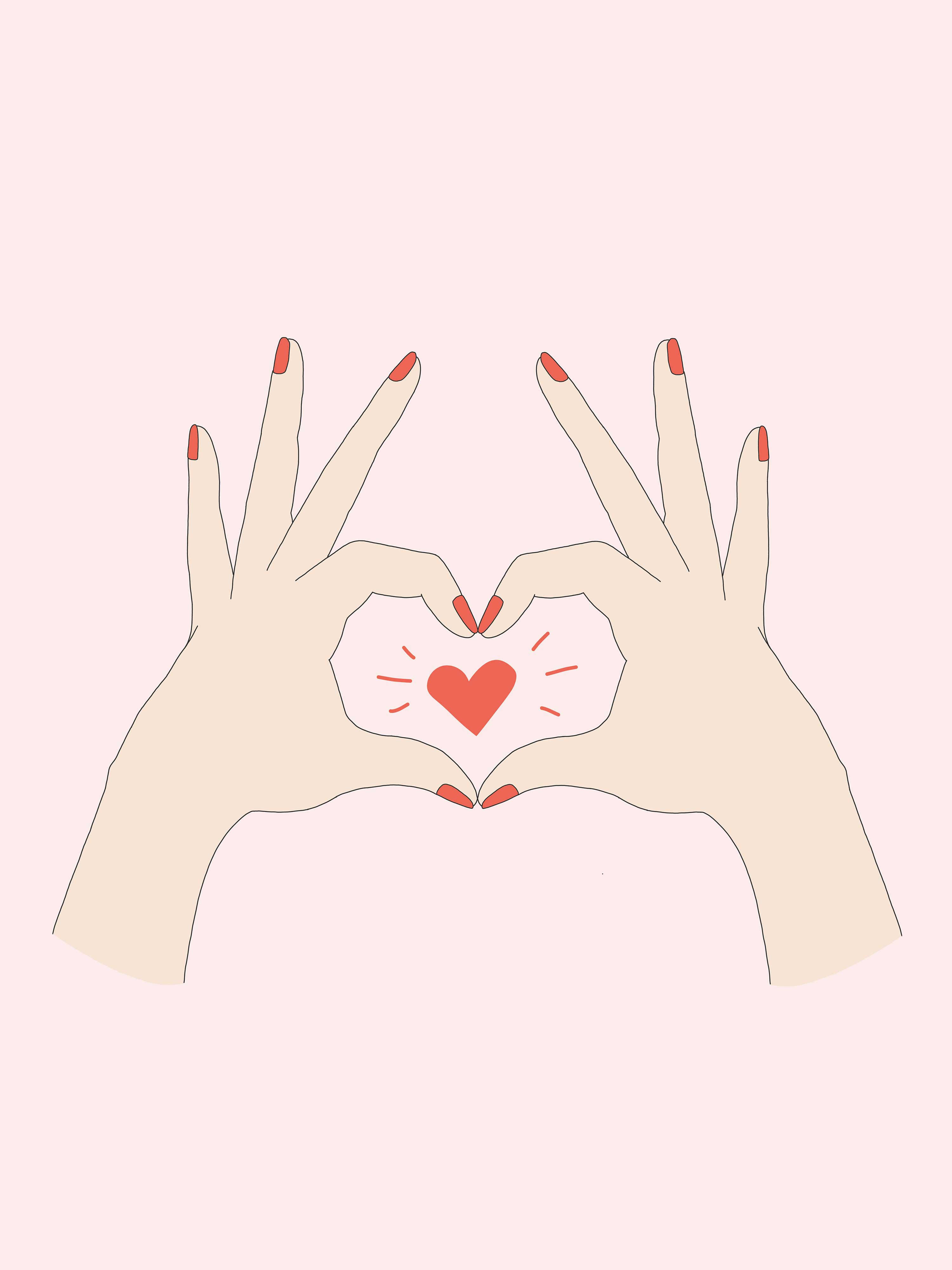 pink hand heart drawing, red nails, glowing red heart, 4K Phone Wallpaper