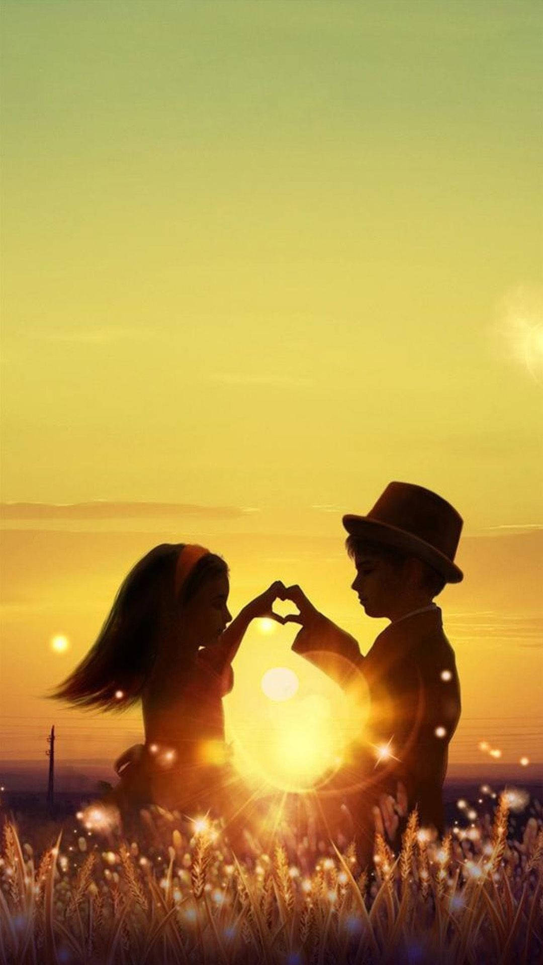 golden sunset, heart with their hands, field of tall grass, Full HD Phone Wallpaper