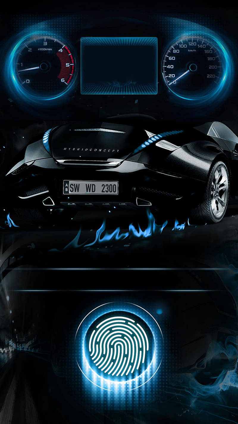 fingerprint scanner, glowing blue dashboard, sleek black futuristic sports car, HD Phone Wallpaper