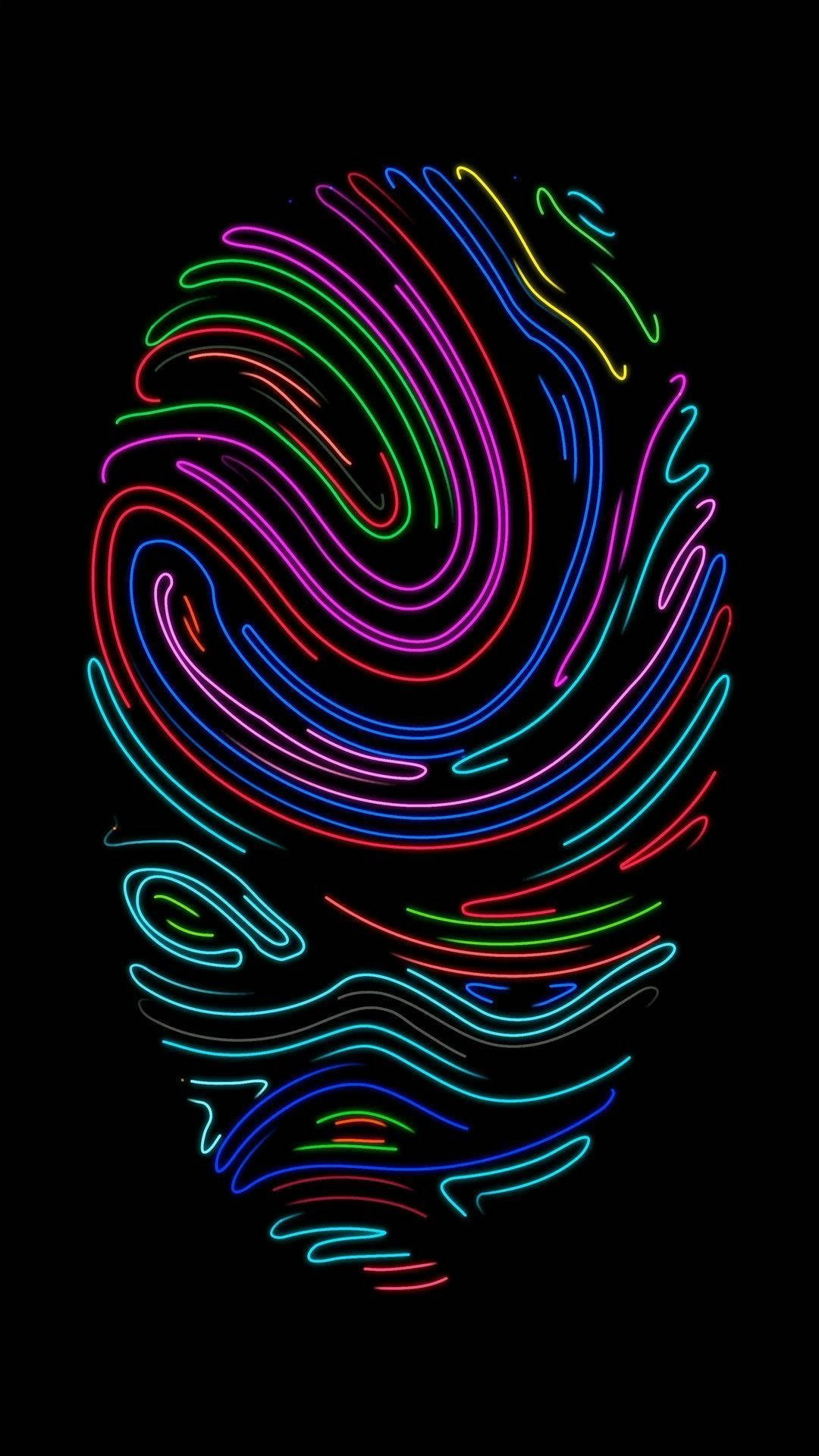colorful fingerprint phone, neon lines, glowing abstract skull silhouette, Full HD Phone Wallpaper