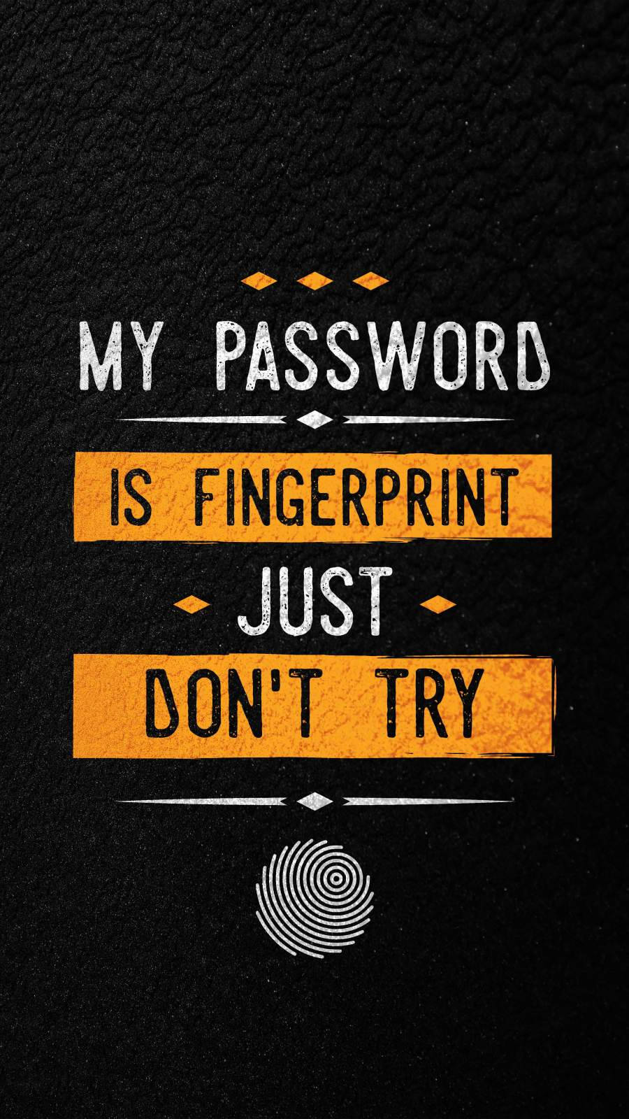 fingerprint, black leather background, white and orange text, HD Phone Wallpaper