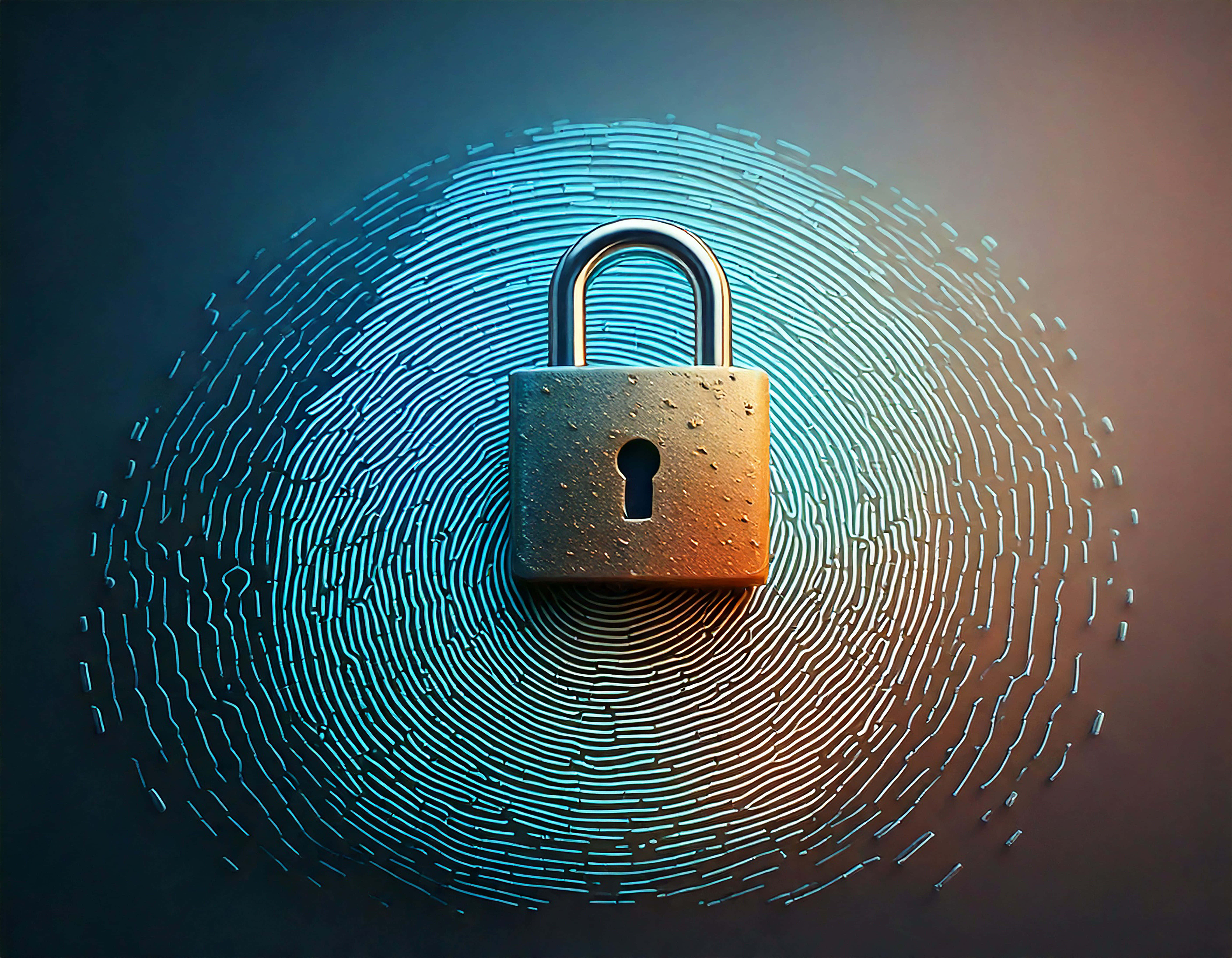 padlock, glowing blue fingerprint pattern, gradient background, 5K Desktop Wallpaper
