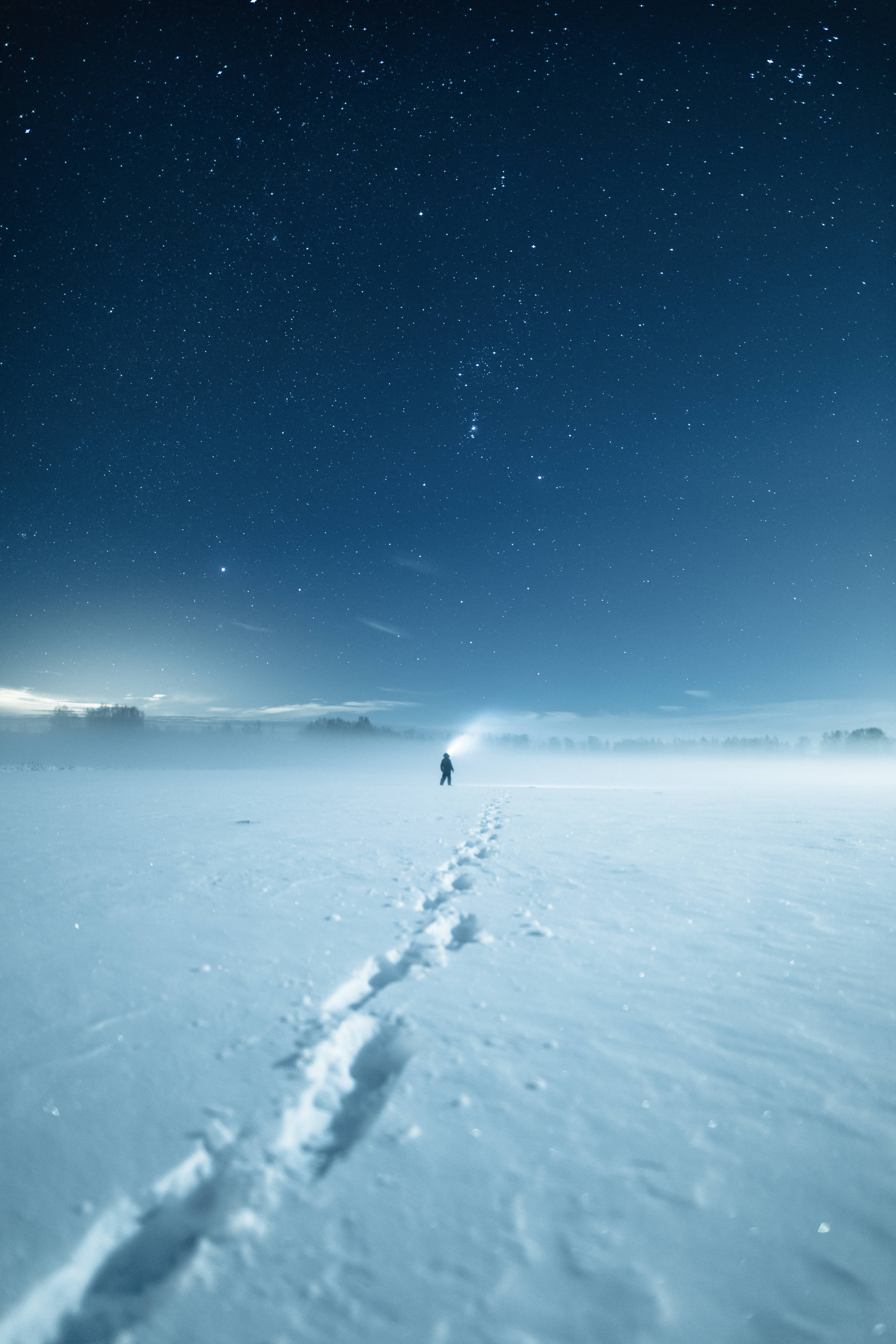Finland, snowy field, starry night sky, 5K Phone Wallpaper