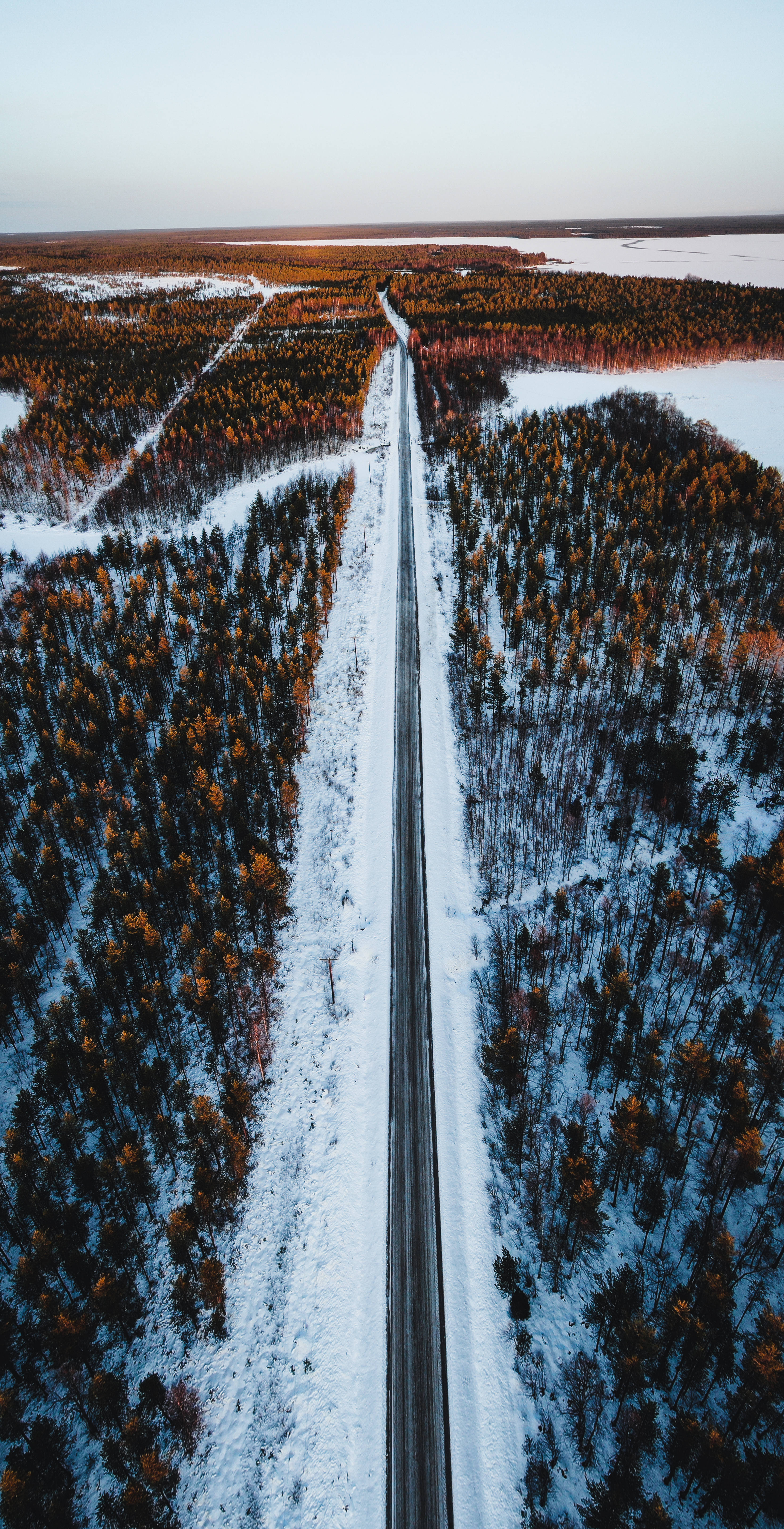 Finland, forest road, snow-covered road, 5K Phone Wallpaper