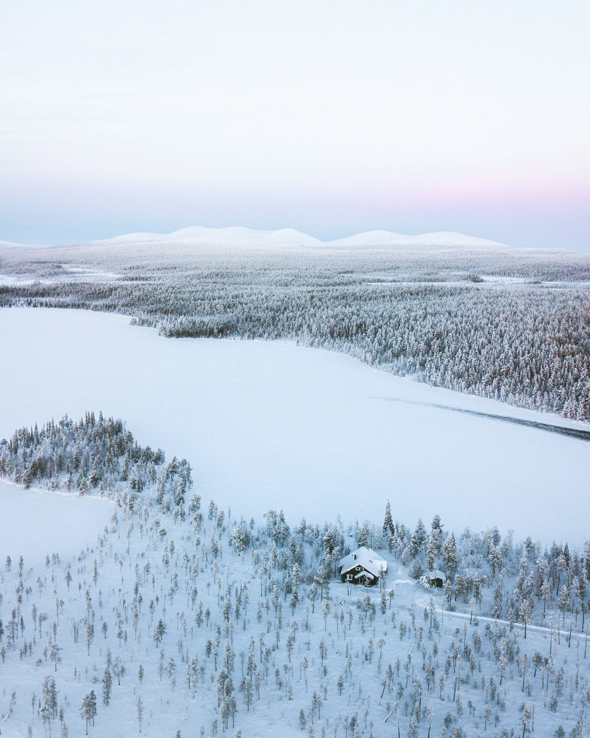 Finland, snow-covered cabin, frozen forest, 2K Phone Wallpaper