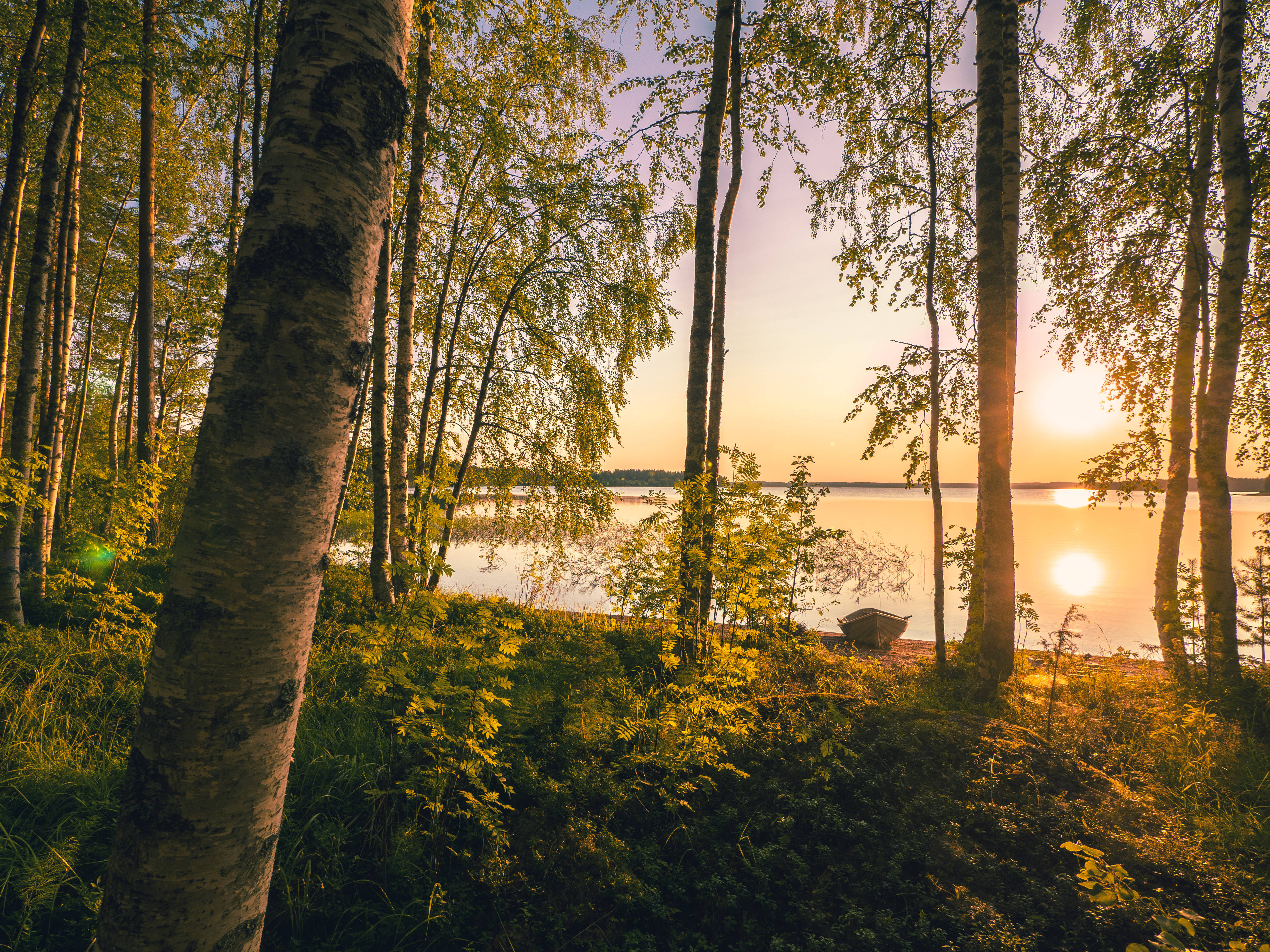 sunset, lake shore, Finland, 4K Desktop Wallpaper