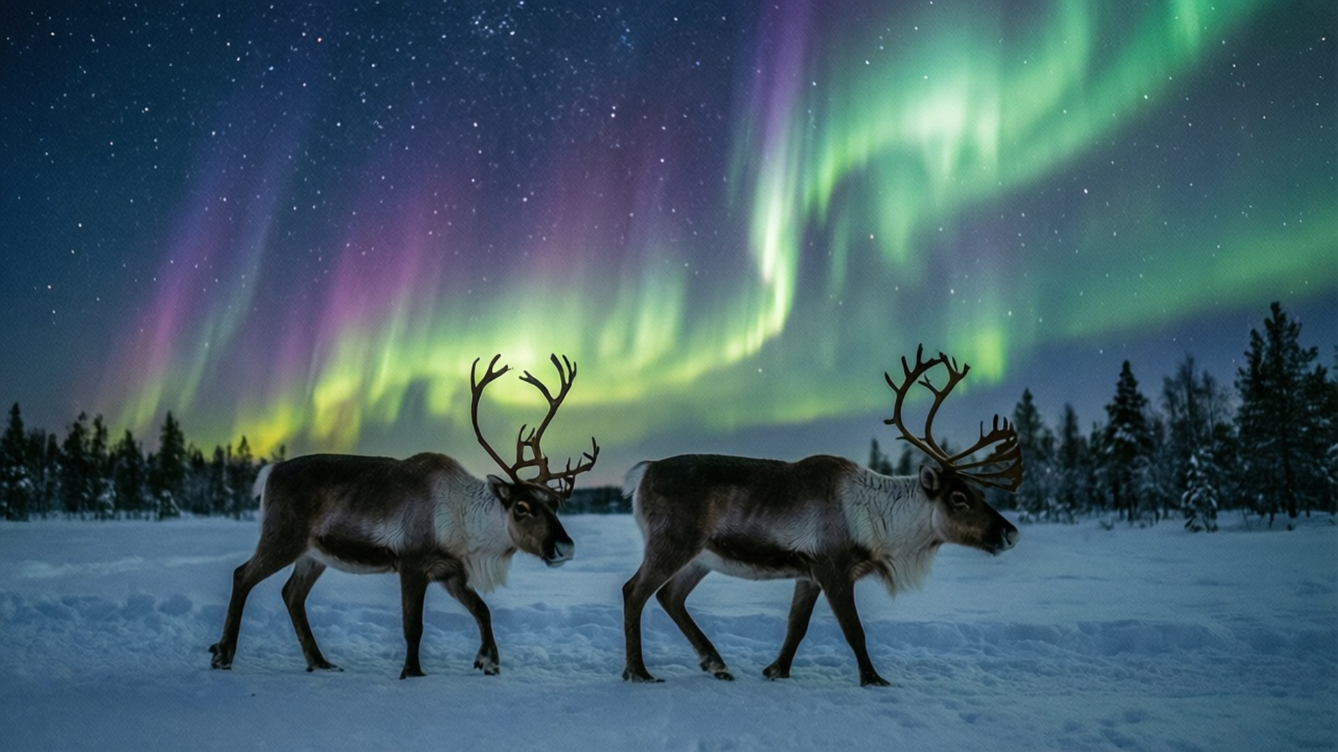 reindeer, aurora borealis, snowy field, Full HD Desktop Wallpaper