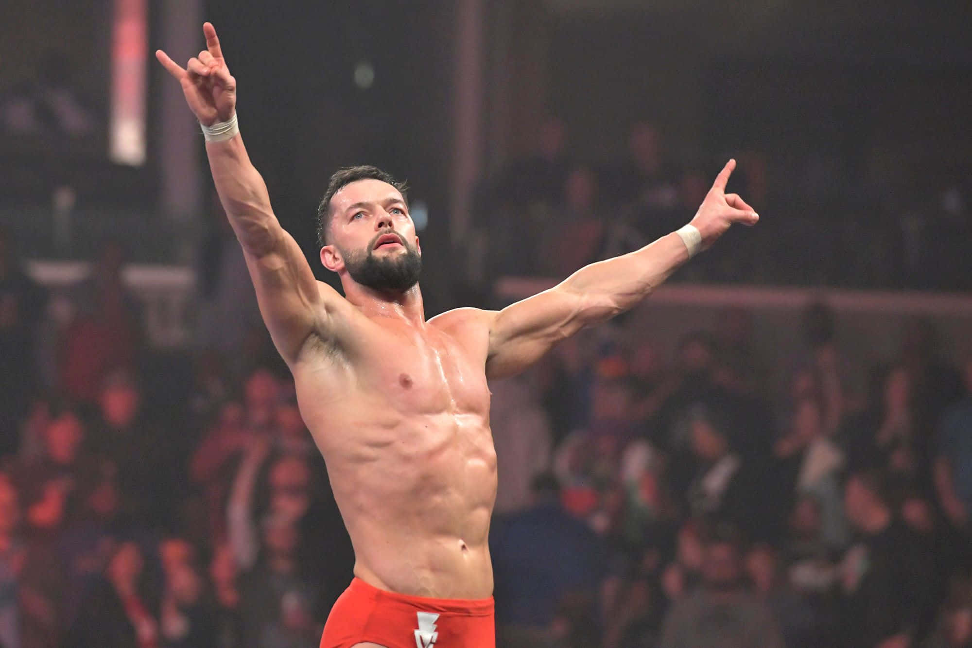 Finn Balor, red trunks, packed arena, Full HD Desktop Wallpaper