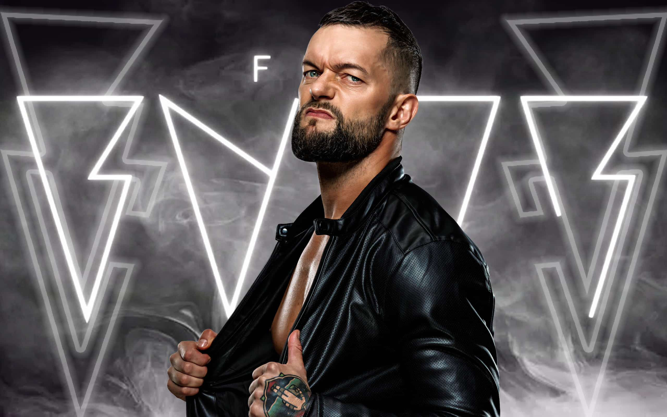 Finn Balor, black leather jacket, glowing white neon lightning bolt logos, 2K Desktop Wallpaper