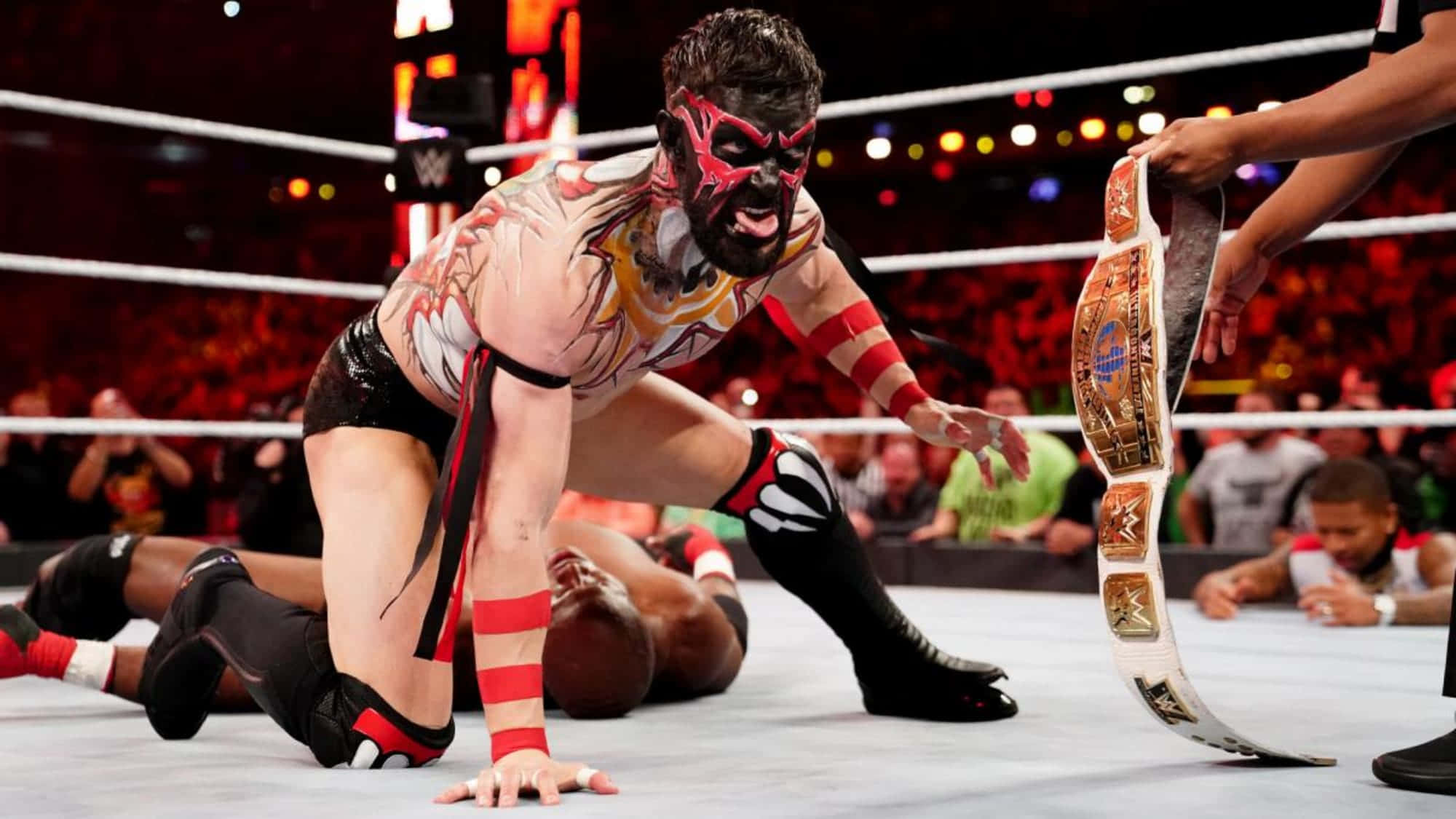 Finn Balor, red and black face paint, championship belt, Full HD Desktop Wallpaper
