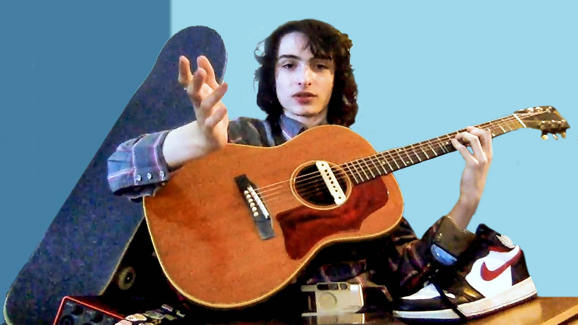 Finn Wolfhard, acoustic guitar, skateboard, Full HD Desktop Wallpaper