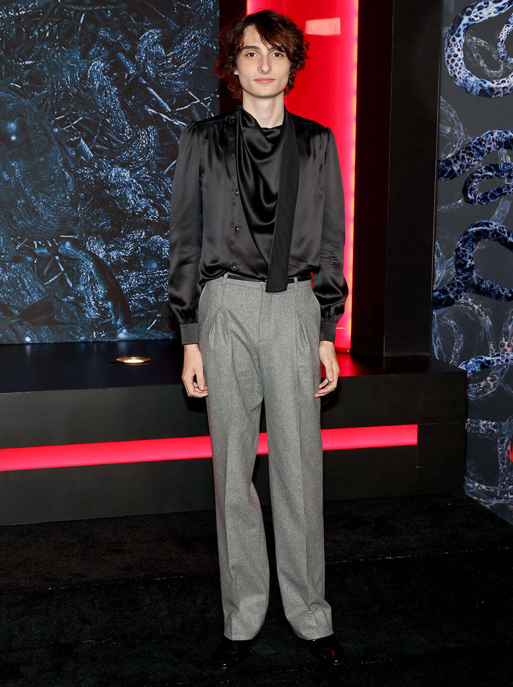 Finn Wolfhard, gray trousers, black satin shirt, HD Phone Wallpaper