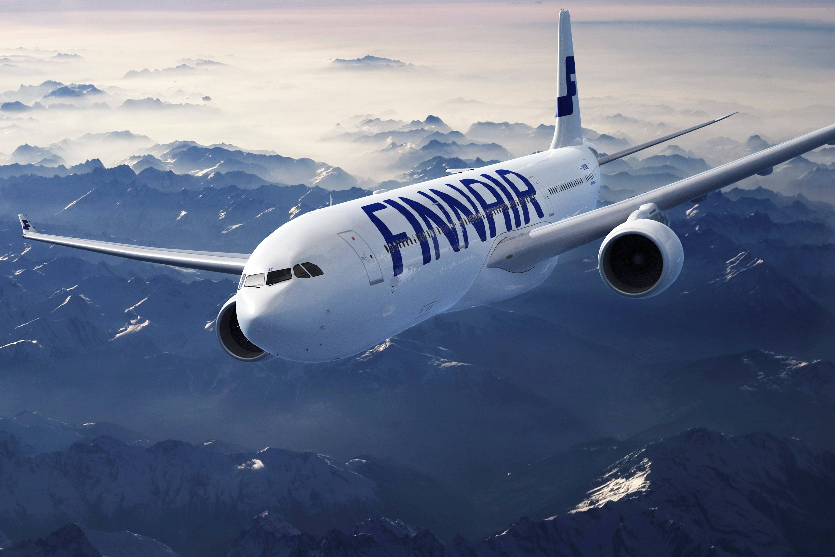 Finnair, airplane, mountain range, 2K Desktop Wallpaper