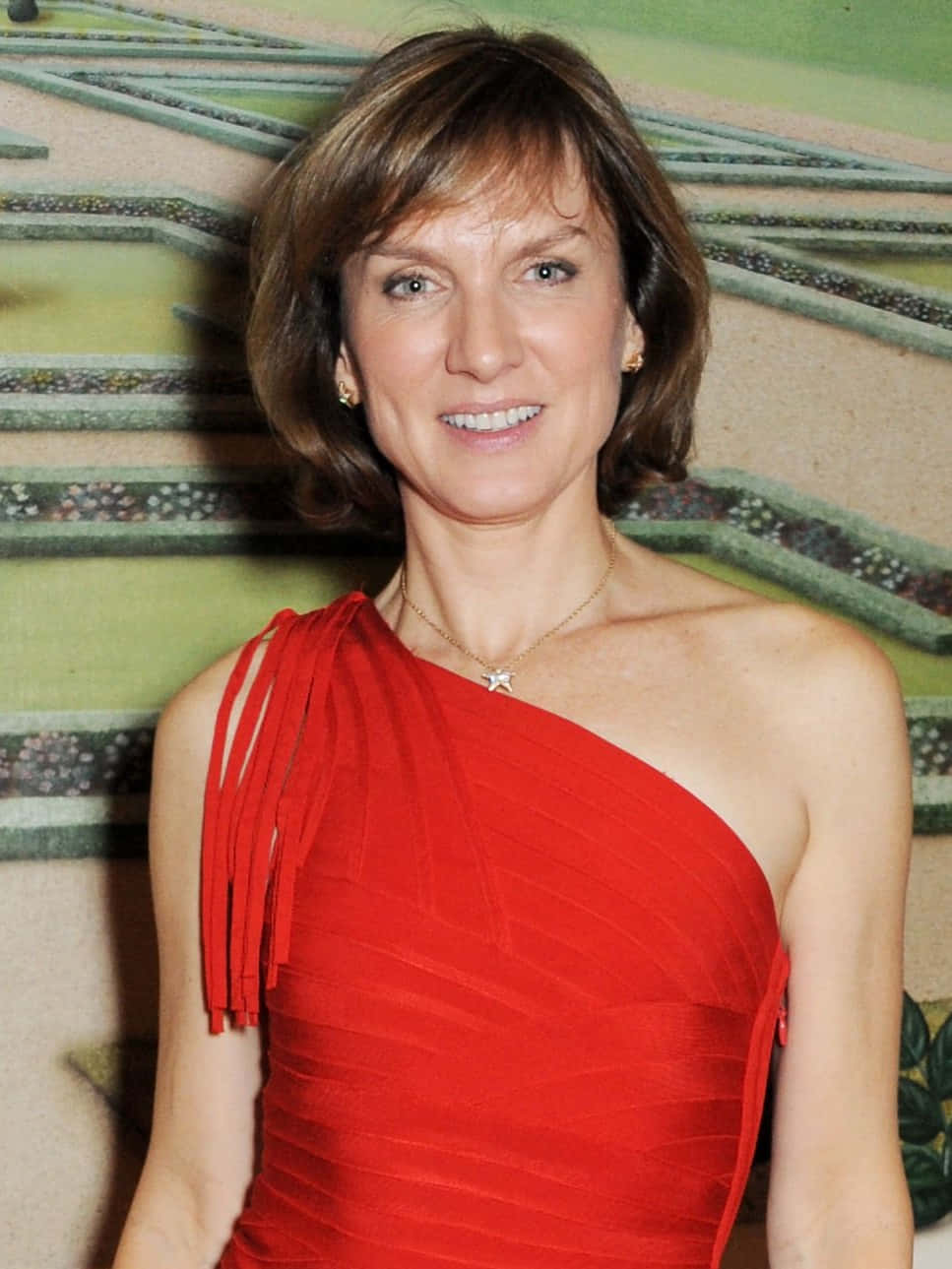 Fiona Bruce, red one-shoulder dress, green and beige backdrop, HD Phone Wallpaper