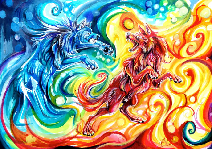 Fire and Ice Wolf, blue ice wolf, red fire wolf, SD Desktop Wallpaper