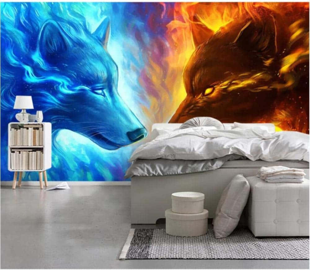 Fire And Ice Wolf, blue ice wolf, fiery orange wolf, SD Desktop Wallpaper