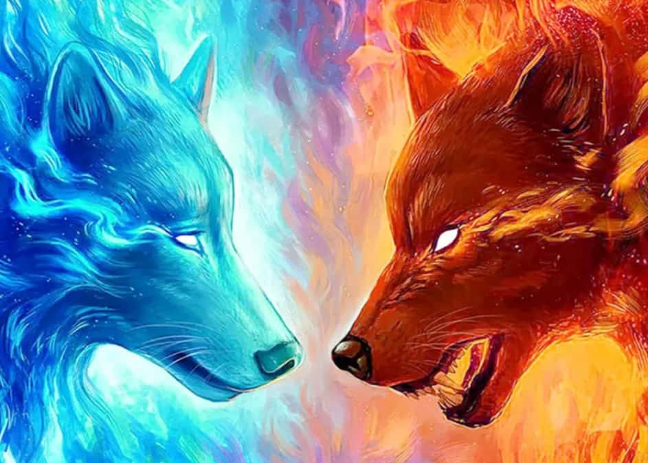 Fire And Ice Wolf, blue wolf, orange fox, SD Desktop Wallpaper