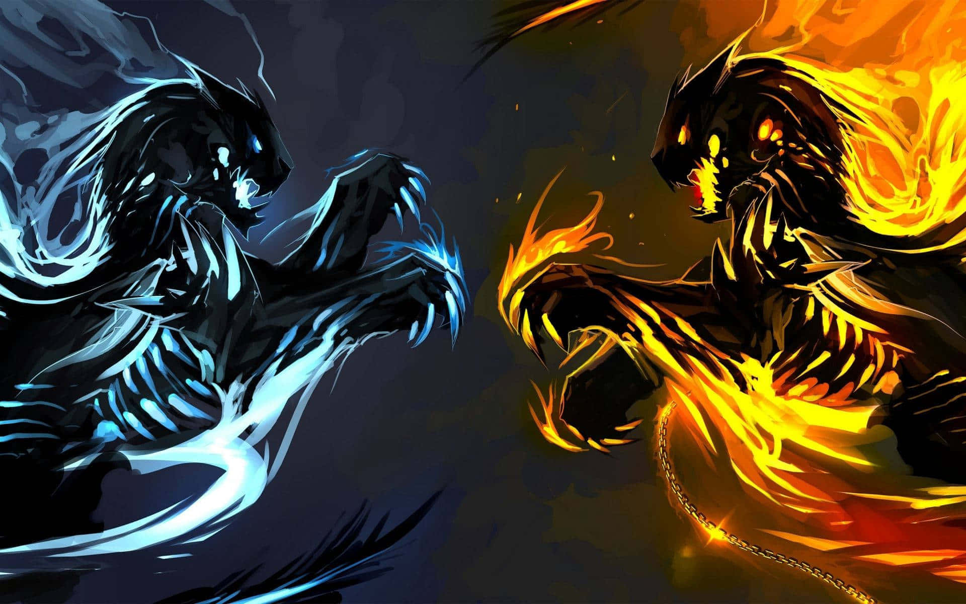 Fire and Ice Wolf, icy blue, fiery orange, Full HD Desktop Wallpaper