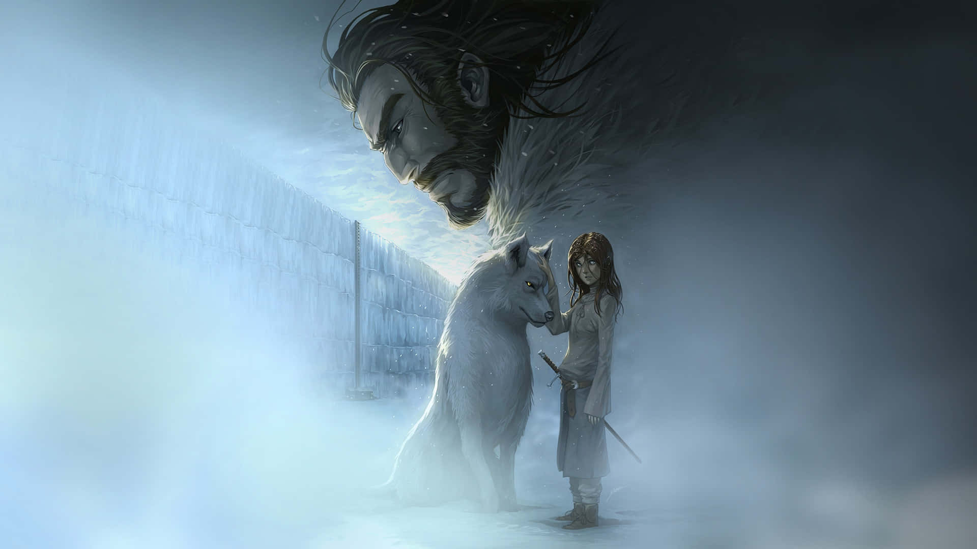 fire and ice wolf, white wolf, snowy, misty landscape, Full HD Desktop Wallpaper