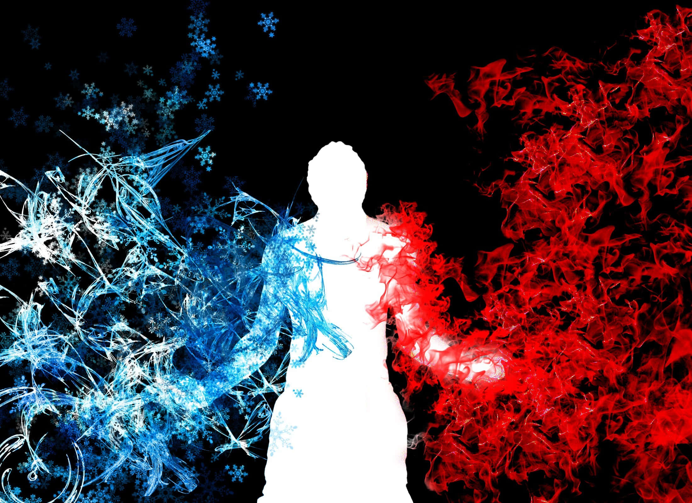 Fire And Ice Wolf, white silhouette, swirling blue snowflakes, Full HD Desktop Wallpaper