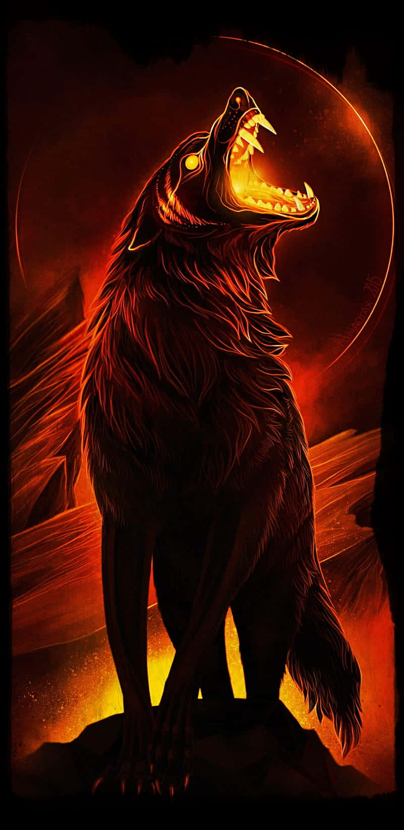 water and fire wolf, fiery orange crescent moon, glowing eyes, HD Phone Wallpaper