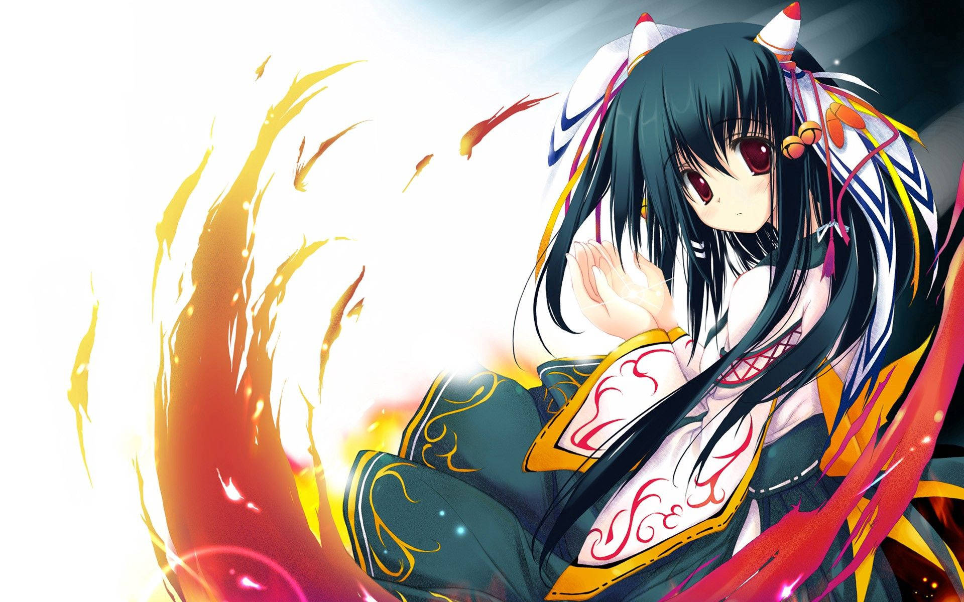 anime girl, black hair, red eyes, Full HD Desktop Wallpaper