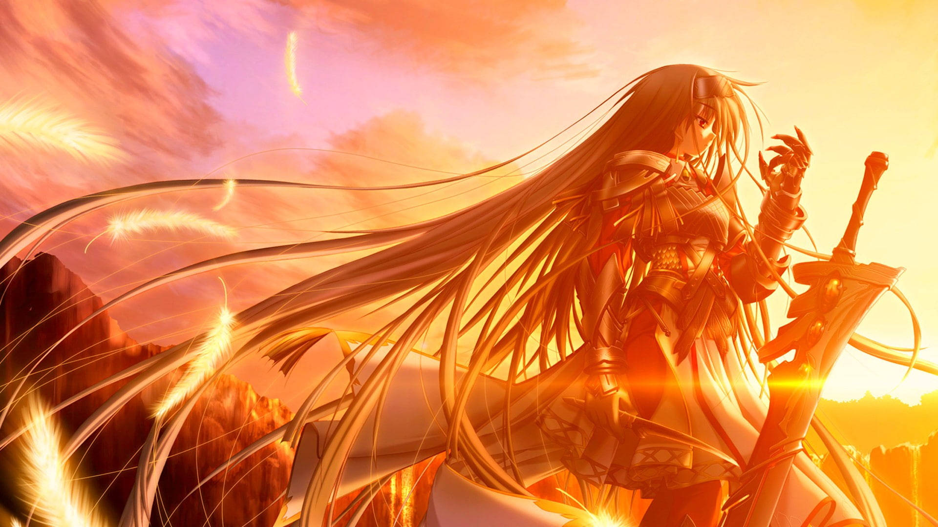 Warrior Fire Anime, long-haired anime warrior, fiery sunset sky, Full HD Desktop Wallpaper