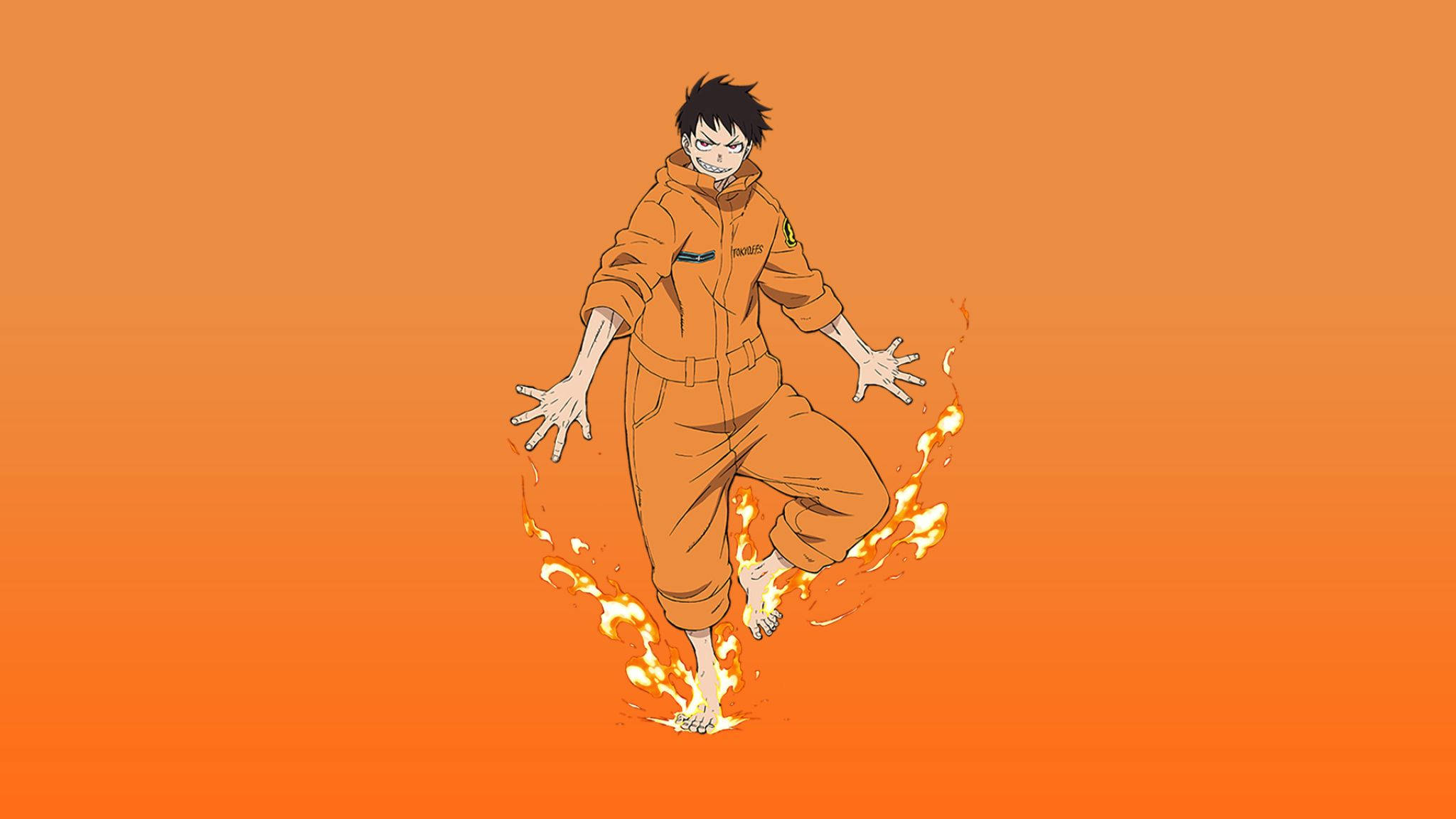 Minimalist Shinra Fire Anime, orange jumpsuit, flames, Full HD Desktop Wallpaper