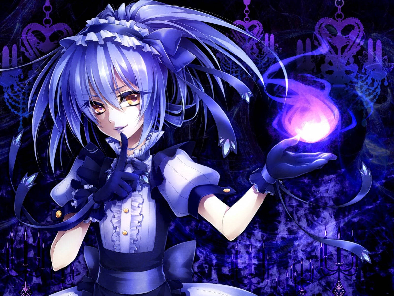 purple fire anime girl, blue-haired anime girl, maid outfit, HD Desktop Wallpaper