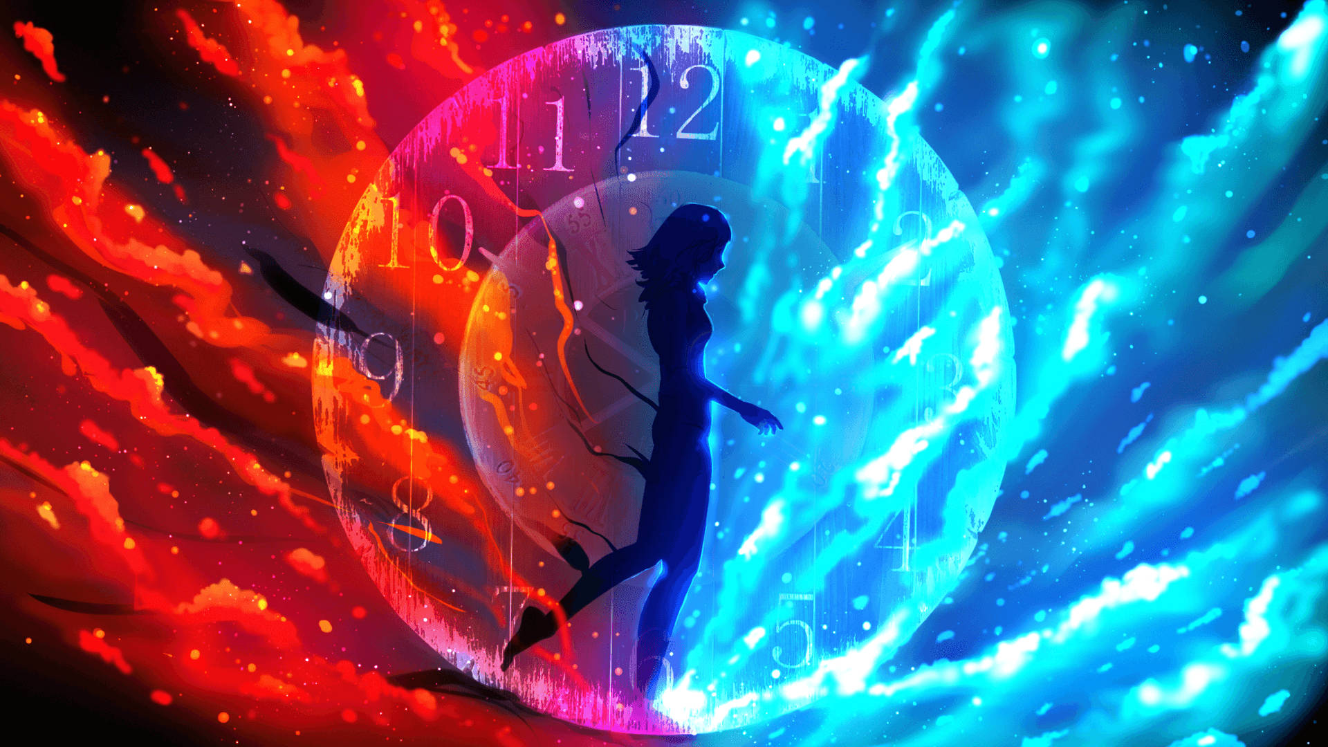 red and blue fire anime clock, glowing clock face, fiery red, Full HD Desktop Wallpaper
