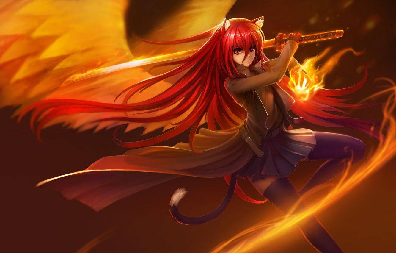 cat girl, fire anime, fiery red-haired, HD Desktop Wallpaper