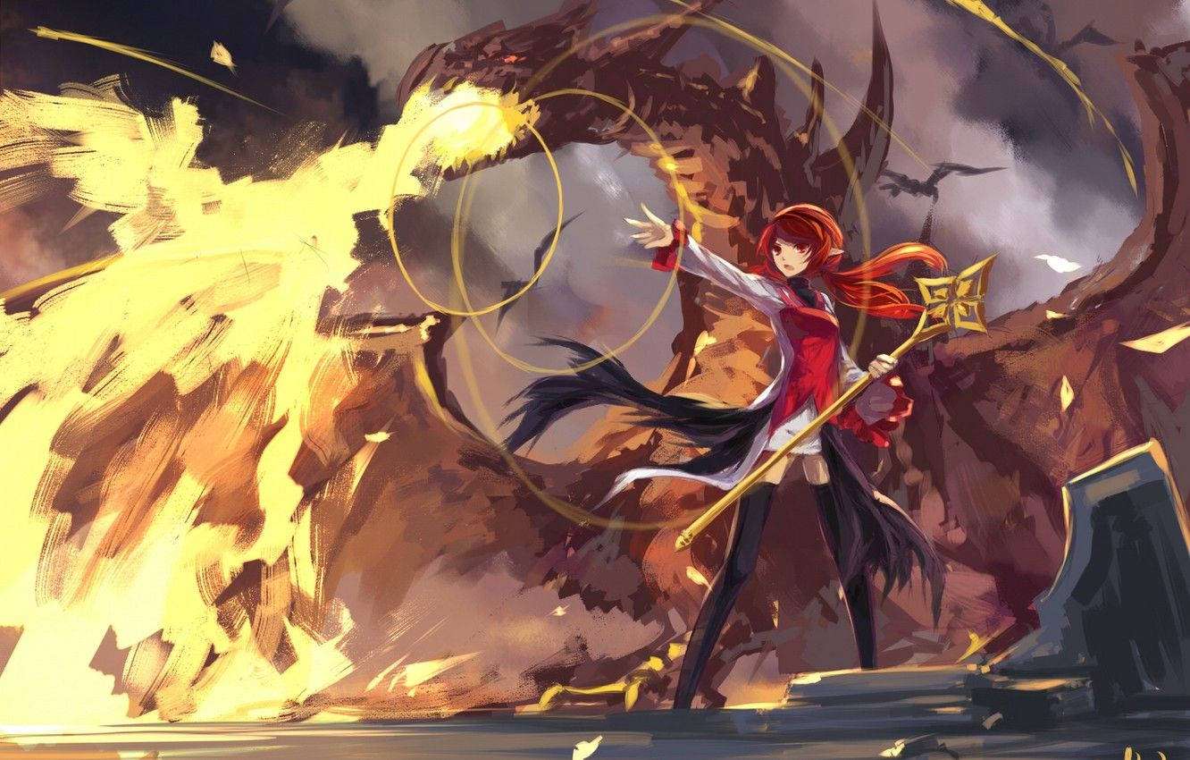 Girl Dungeon Fighter, Fire Anime, red-haired anime mage, HD Desktop Wallpaper