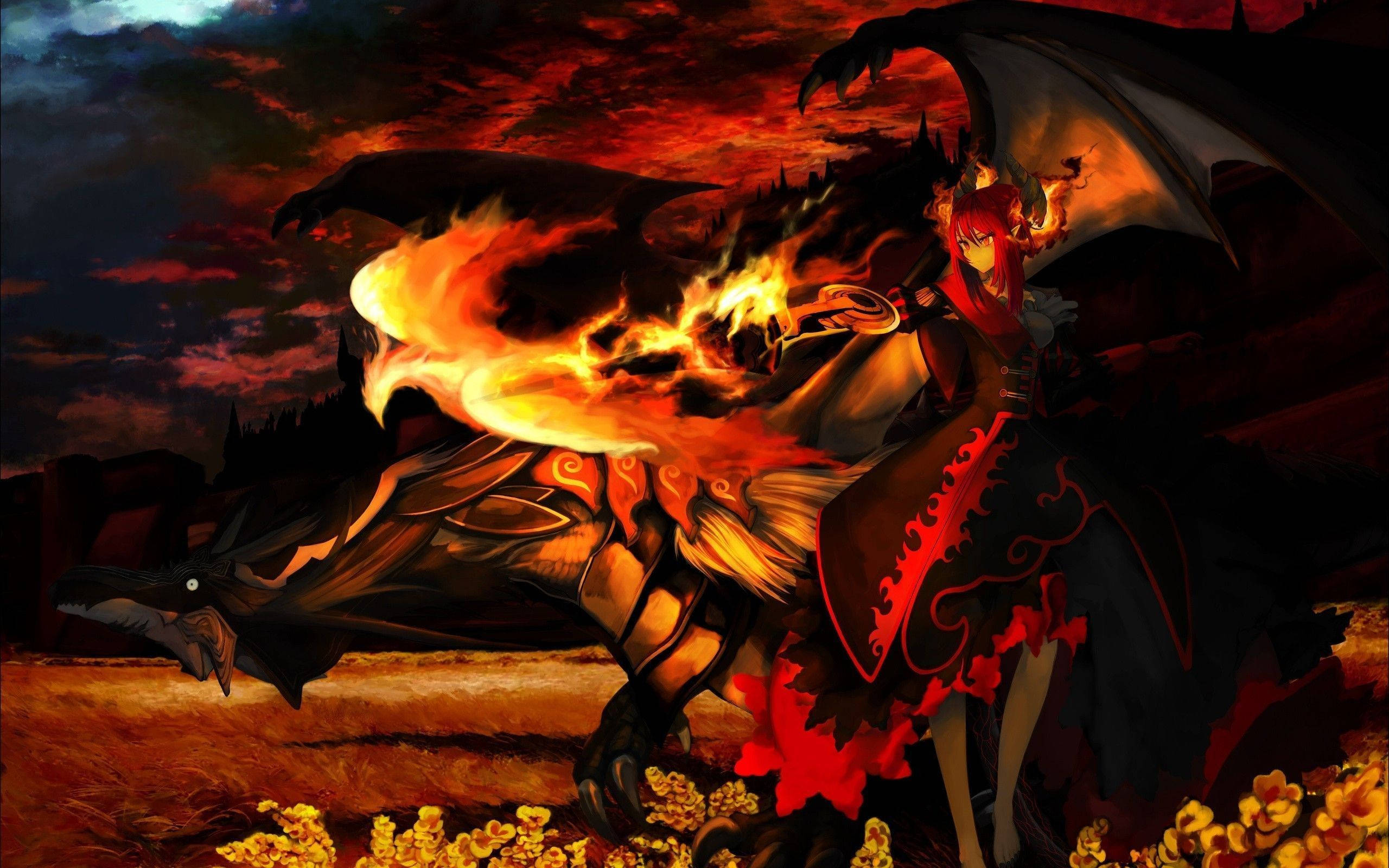 Fire Anime, dragon, glowing orange scales, 2K Desktop Wallpaper