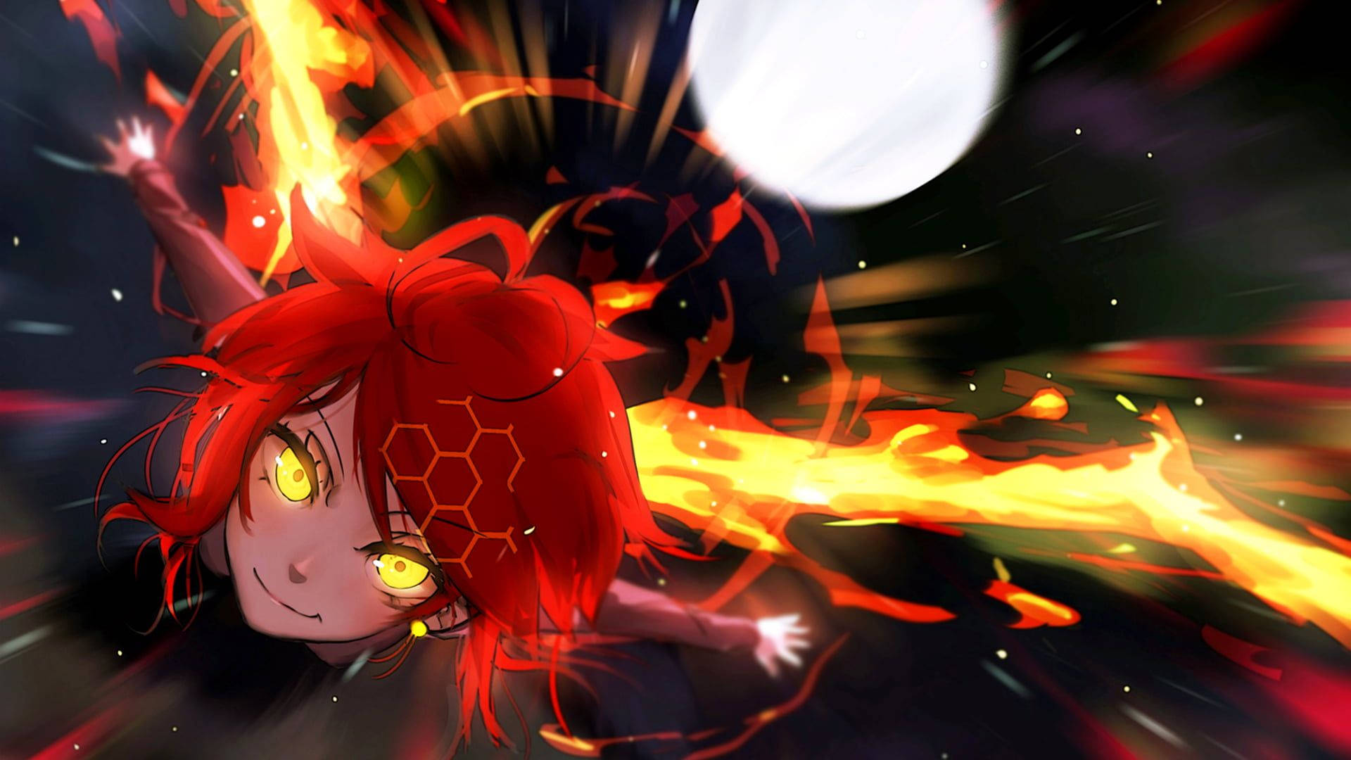 Red Girl Fire Anime, fiery anime girl, glowing yellow eyes, Full HD Desktop Wallpaper