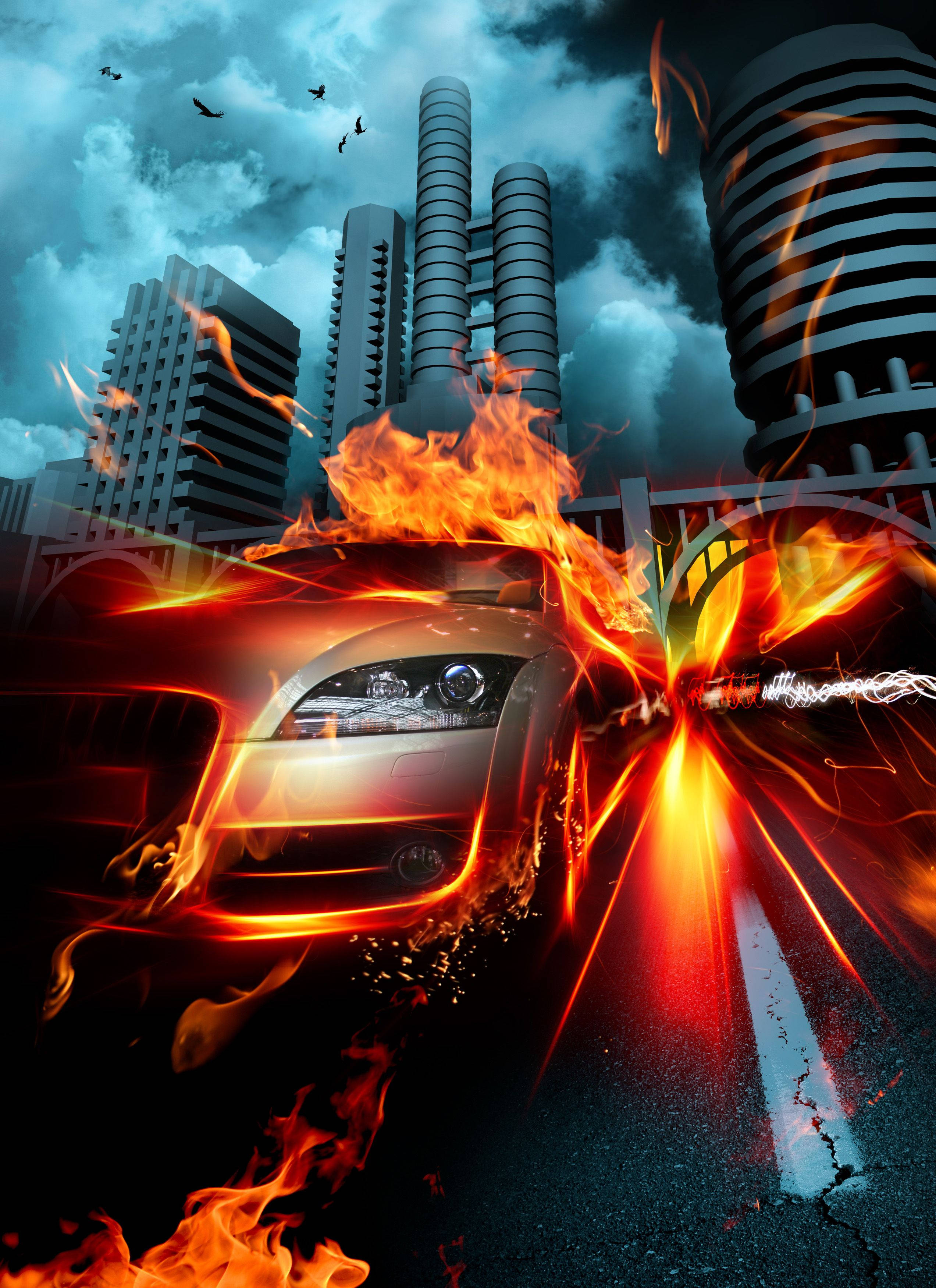 Fire Car, fiery sports car, stormy urban street, 2K Phone Wallpaper
