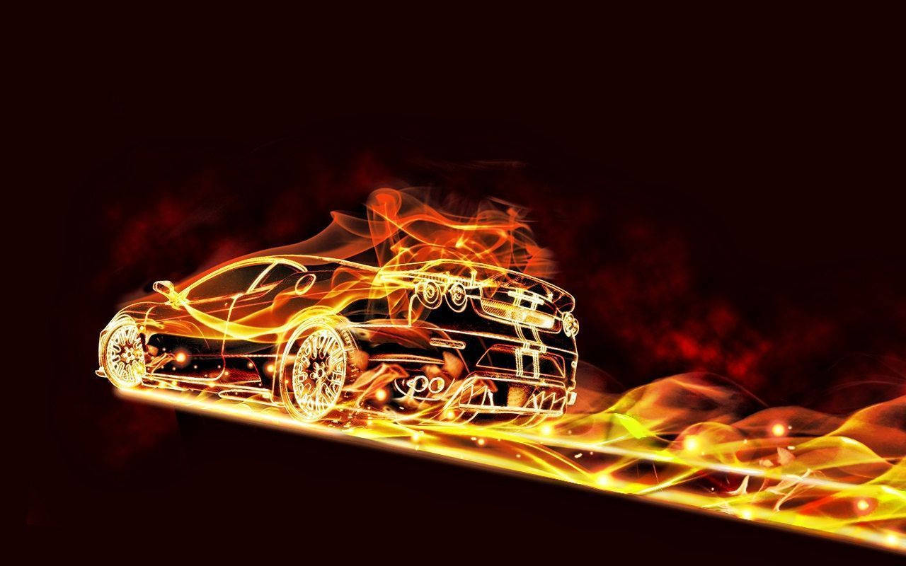 fire car, glowing orange flames, dark background, HD Desktop Wallpaper