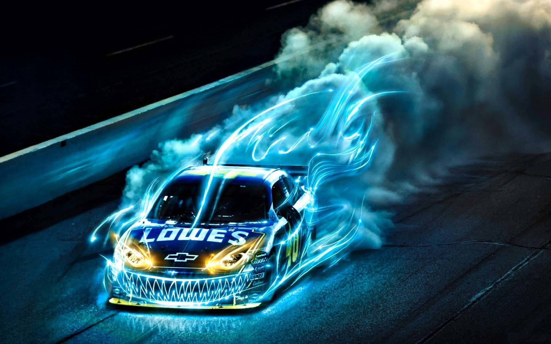 Fire Car, blue flames, glowing blue energy trails, Full HD Desktop Wallpaper