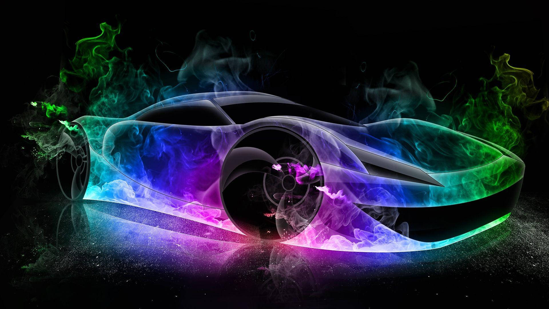 Digital Rainbow Fire Car, neon blue, purple, Full HD Desktop Wallpaper